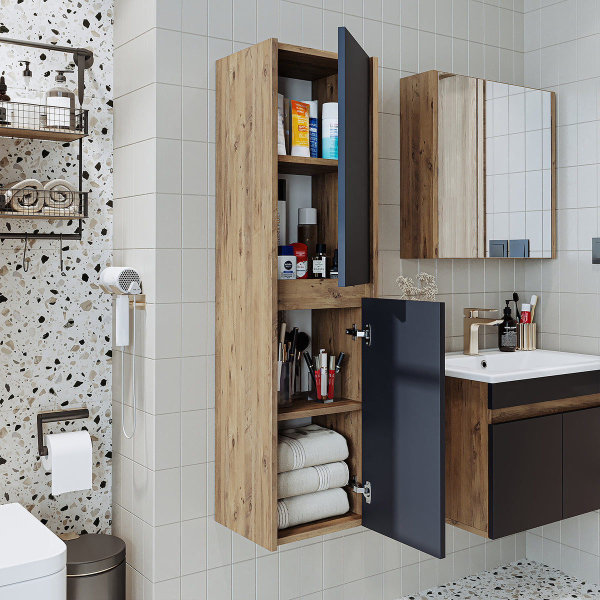 Roomart Badmöbel Set MELONA 3-teilig, in 4 Farben, 65cm Unterschrank • Spiegelschrank • Hochschrank-badezimmerschrank, waschbecken, badezimmermöbel, badschrank, badezimmer, mit, unterschrank, badmöbel, set, waschtisch, möbel, badezimmermãbel, bad, badezim