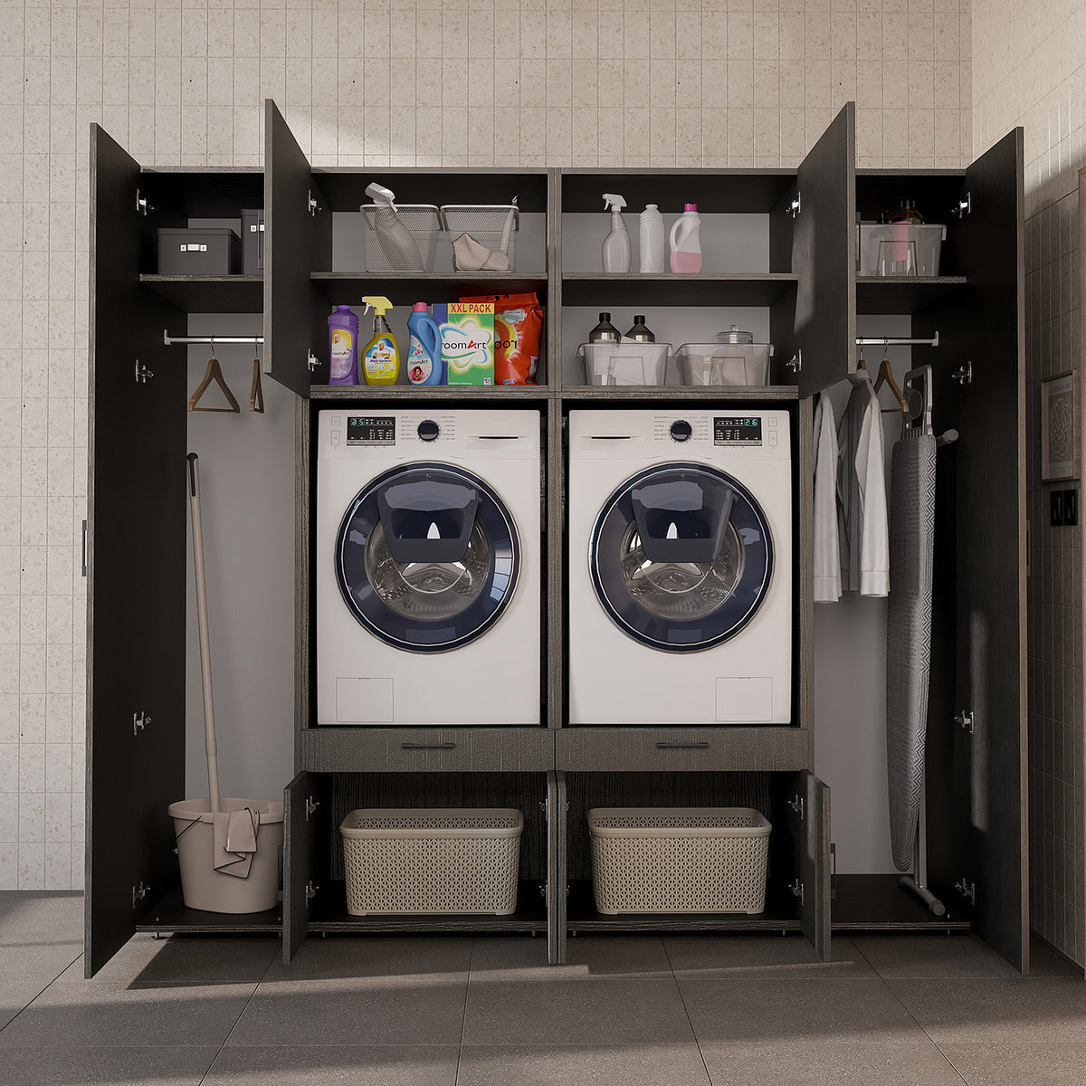 Roomart Waschmaschinenschrank SERIE 3 224 cm, Schwarz-Eiche, 205 cm hoch