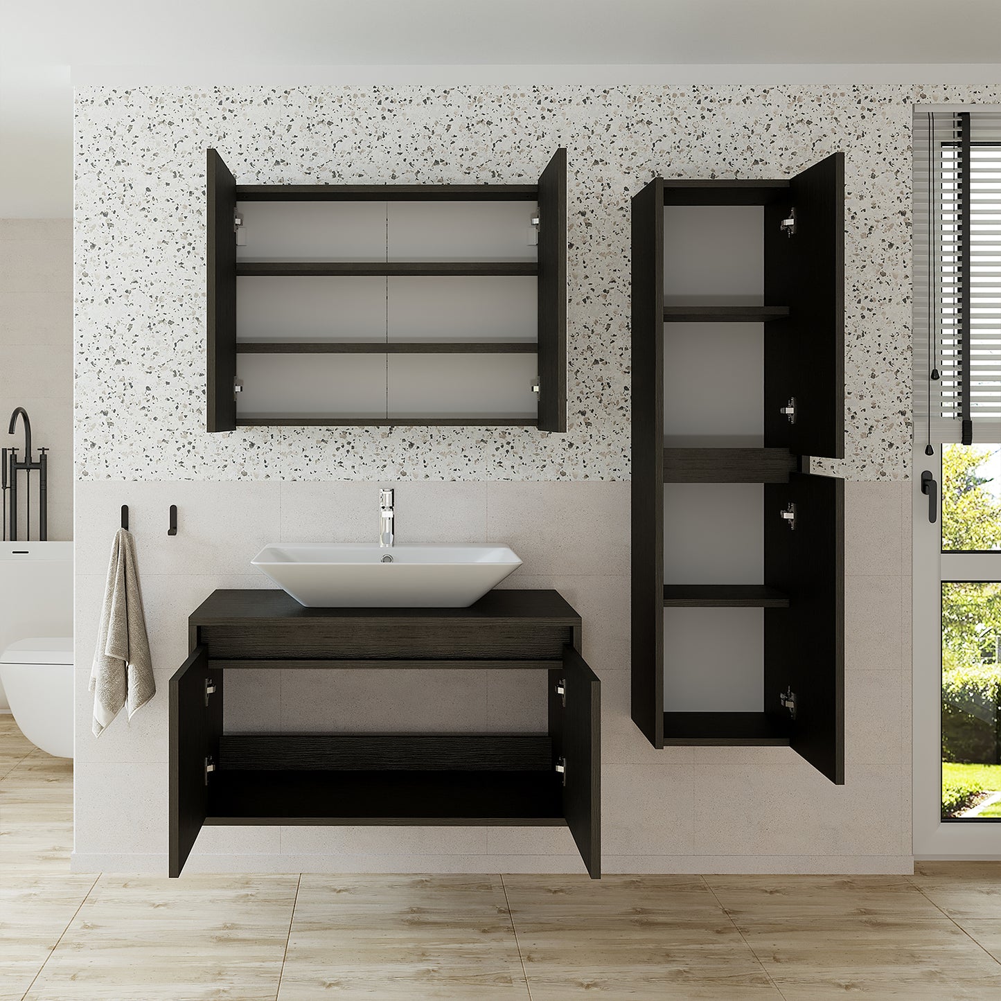 Roomart - Atria Serie Badmöbel bringt mit modernem Design und harmonischen Farbkombinationen eine schöne Note in Ihr Badezimmer. Hochwertiges Material, pflegeleichte Oberflächen und Soft-Close-Türen machen diese komfortable Badmöbelserie besonders attraktiv. Keramik Waschbecken mit Unterschrank bieten viel Stauraum. Unser badezimmer set ist verfügbar in 65 cm, 85 cm und 100 cm breit Waschtisch mit Unterschrank in Weiß Farbe.