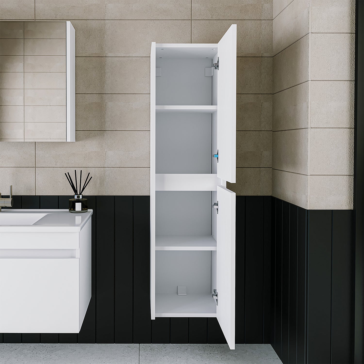 Roomart Badmöbel Set MELONA 3-teilig, in 4 Farben, 65cm Unterschrank • Spiegelschrank • Hochschrank-badezimmerschrank, waschbecken, badezimmermöbel, badschrank, badezimmer, mit, unterschrank, badmöbel, set, waschtisch, möbel, badezimmermãbel, bad, badezim