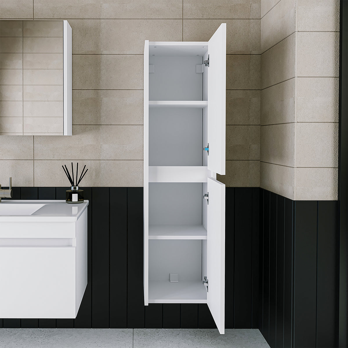 Roomart Badmöbel Set MELONA 3-teilig, in 4 Farben, 65cm Unterschrank • Spiegelschrank • Hochschrank-badezimmerschrank, waschbecken, badezimmermöbel, badschrank, badezimmer, mit, unterschrank, badmöbel, set, waschtisch, möbel, badezimmermãbel, bad, badezim