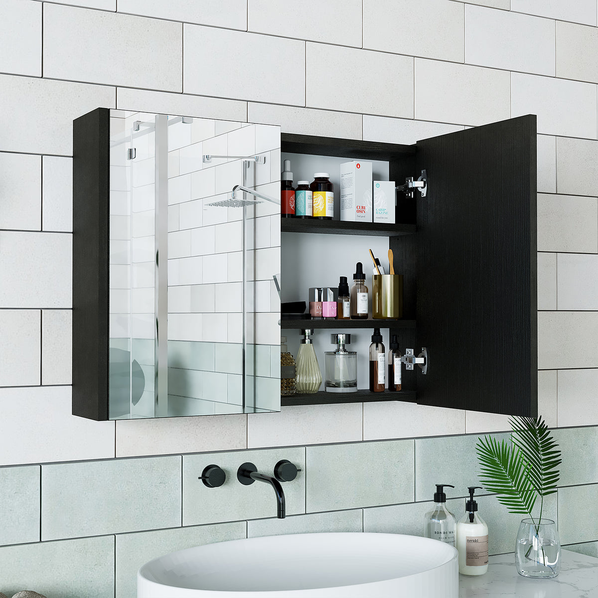 Roomart Badmöbel Set ATLANTIC 4-teilig 85 cm in 5 Farben Unterschrank mit Keramikwaschbecken • Spiegelschrank • Hochschrank - badezimmerschrank, waschbecken, badezimmermöbel, badschrank, badezimmer, mit, unterschrank, badmöbel, set, waschtisch, möbel, bad