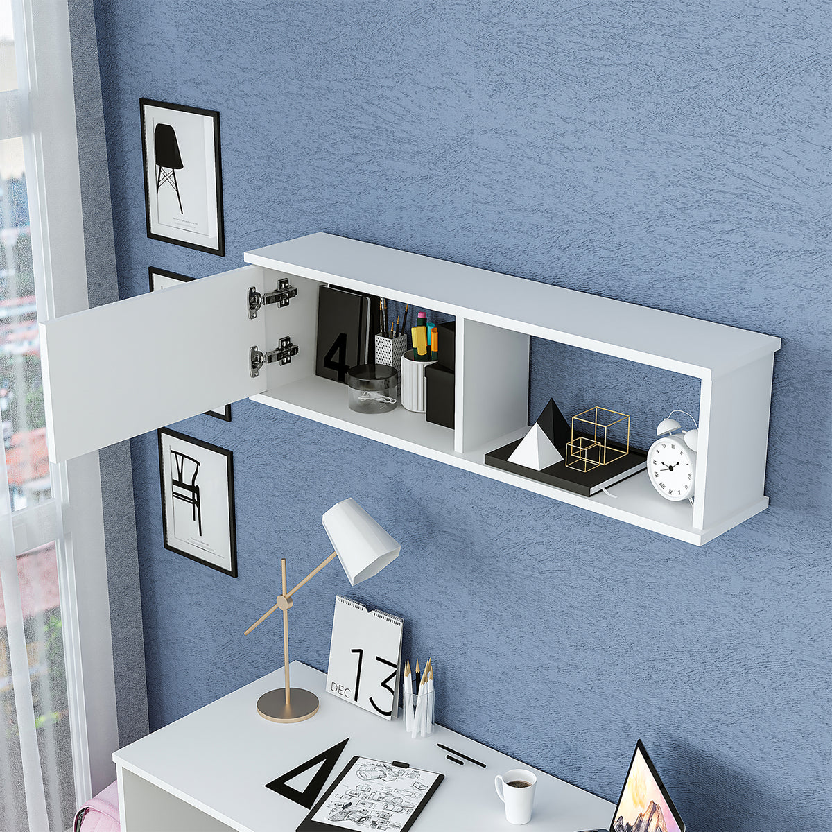 Roomart Schreibtisch SERA 120 cm mit Wandschrank und offenen Fächern, Weiß