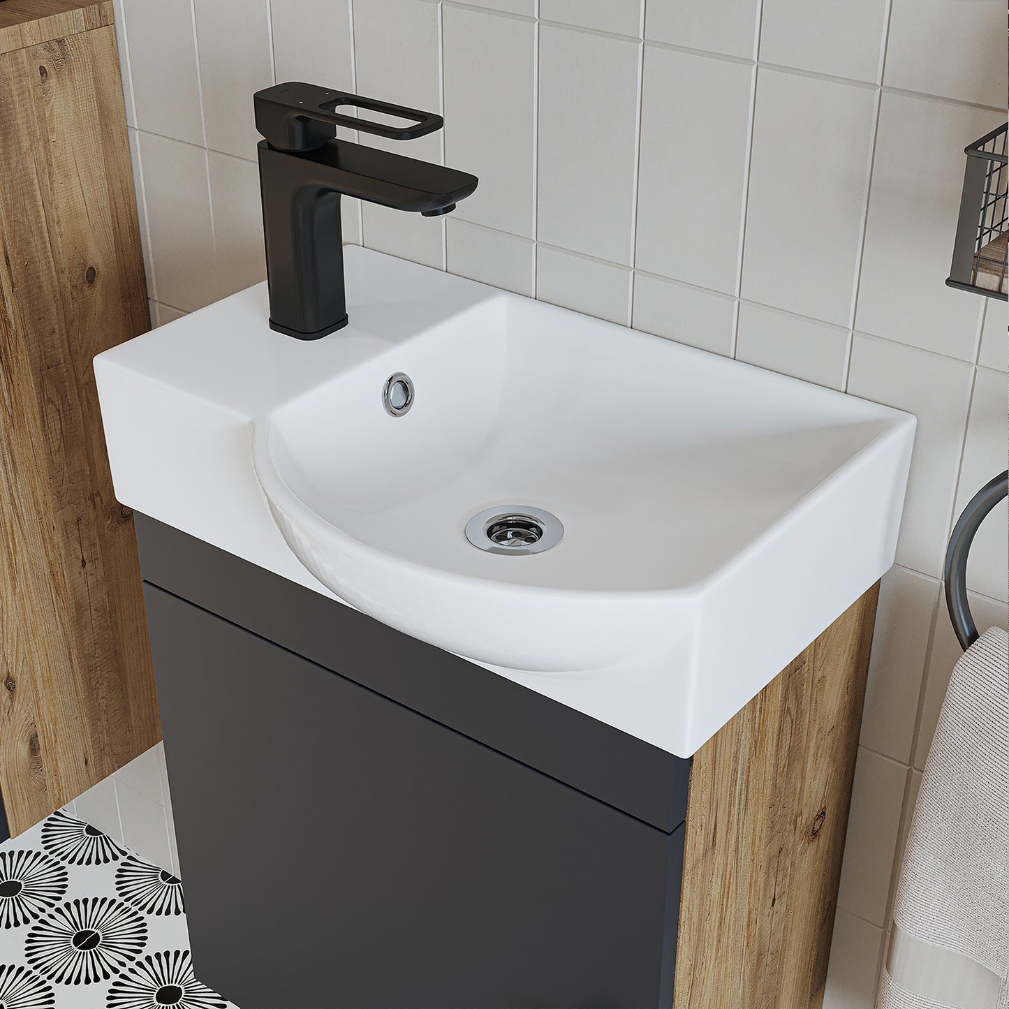 Roomart Waschtischunterschrank PUNTO mit Keramik-Waschbecken – Gäste-WC Badmöbel – Wasserhahn links