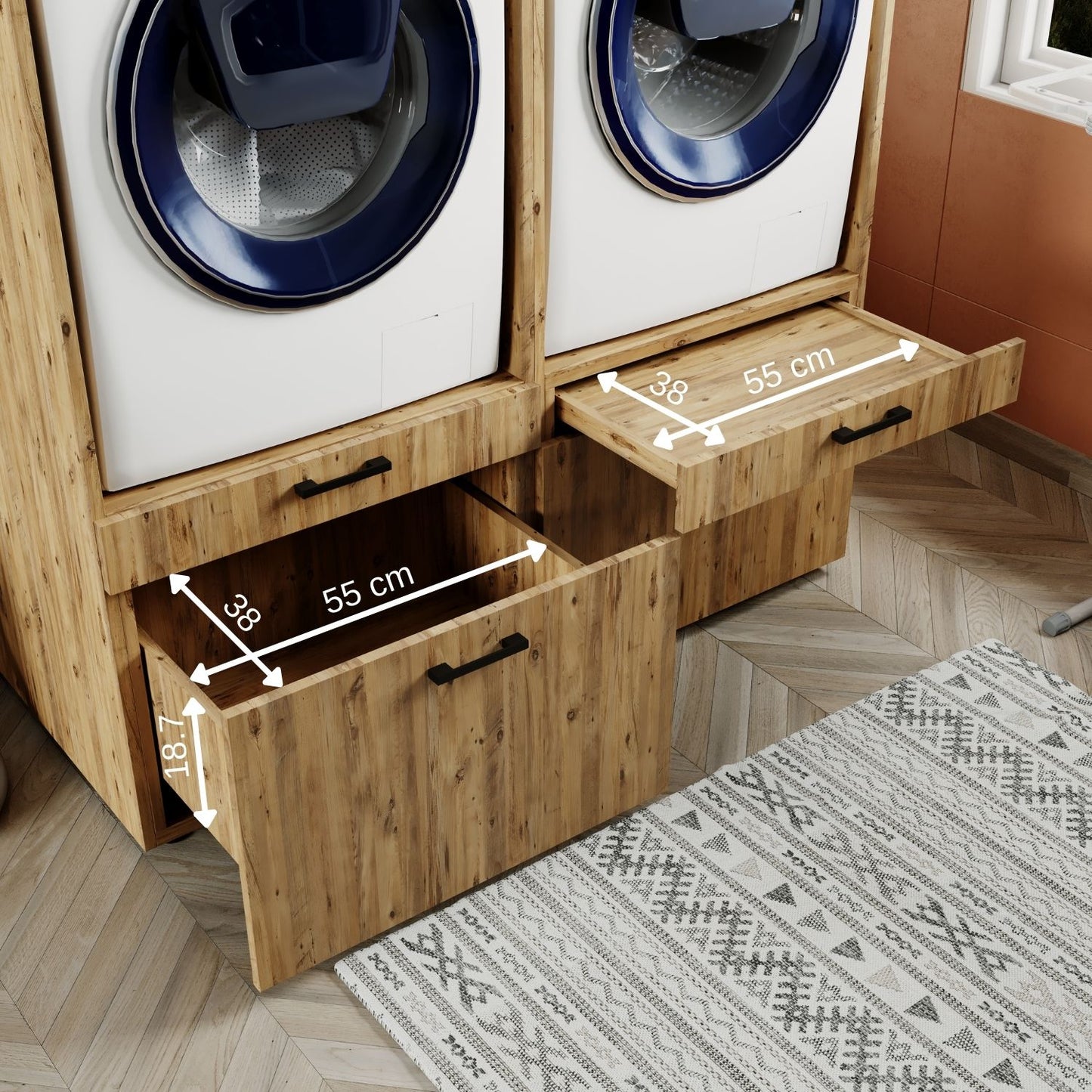Roomart • Doppelschrank mit Ausziehplatte und Schublade • Waschturm in 3 Farben • HBT: 145 x 134 x 67 cm