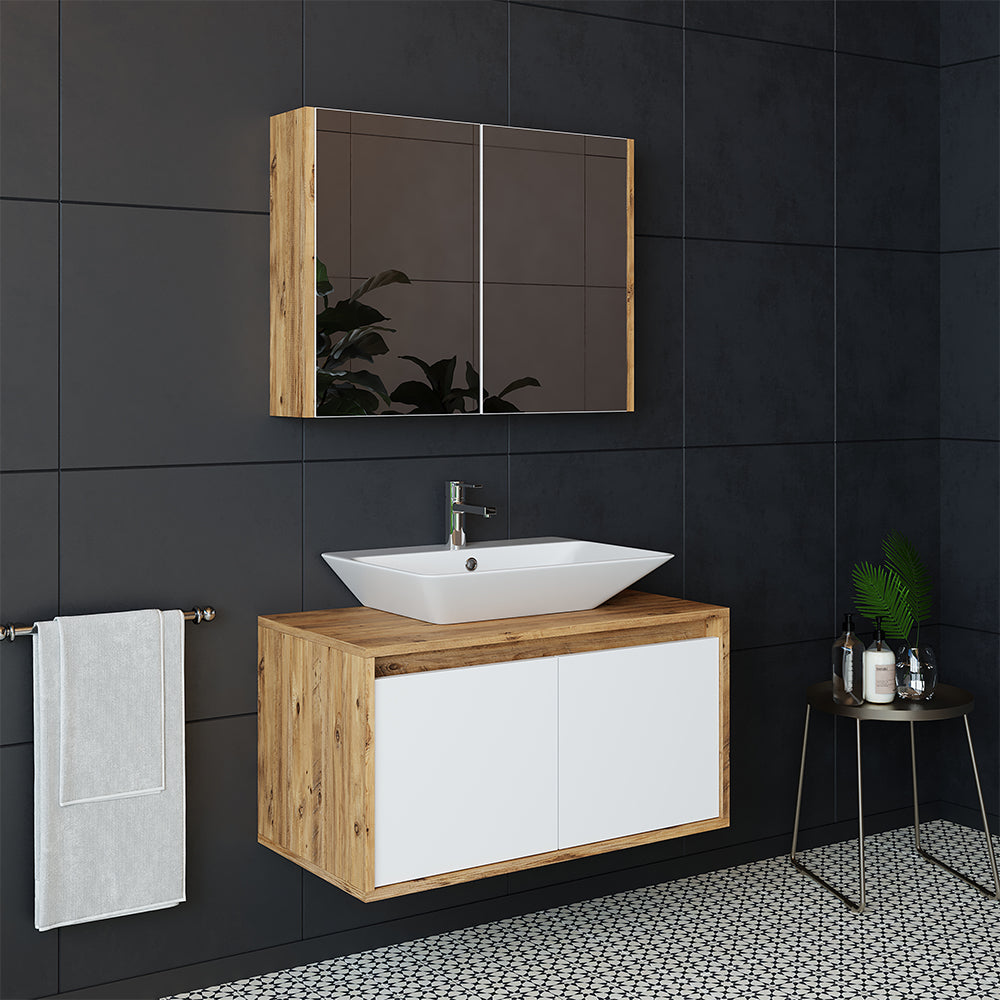 Roomart • Badmöbel Set • ATLANTIC • 3 Teilig • 85 cm Unterschrank mit Keramikwaschbecken • Spiegelschrank