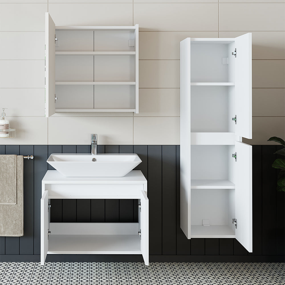 Roomart Badmöbel Set ATLANTIC 4-teilig, in 4 Farben, 65cm Unterschrank mit Keramikwaschbecken • Spiegelschrank • Hochschrank