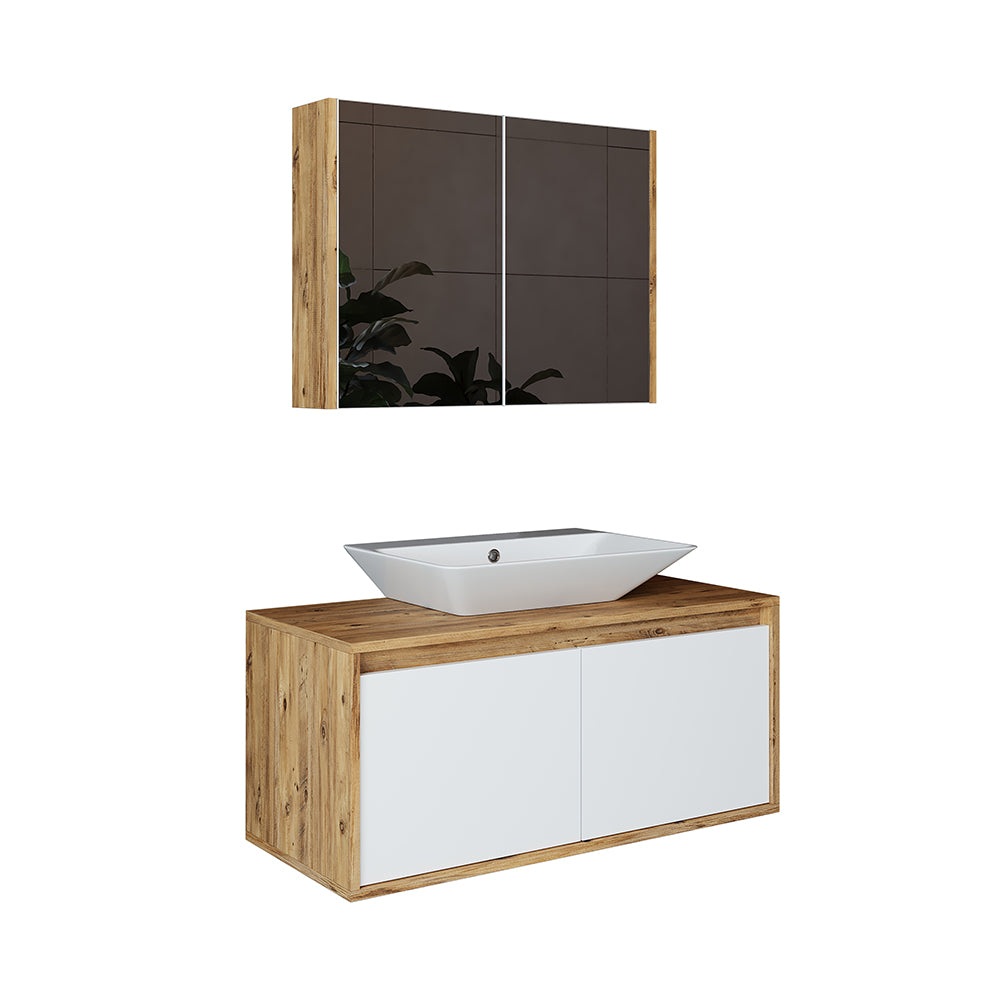 Roomart • Badmöbel Set • ATLANTIC • 3 Teilig • 100 cm Unterschrank mit Keramikwaschbecken • 80 cm Spiegelschrank