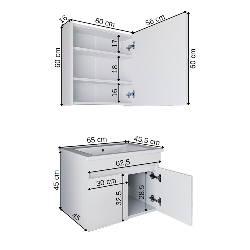 Roomart Badmöbel Set ATRIA 3 Teilig, in 4 Farben, 65 cm Unterschrank mit Keramikwaschbecken • Spiegelschrank