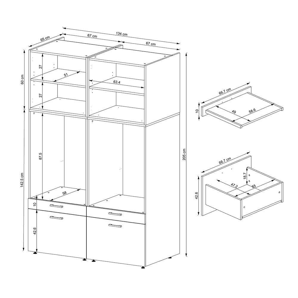 Roomart Waschmachinen Doppelschrrank Überbauschrank HBT: 201 x 134 x 66,8 cm, Eiche, Weiß, Schwarz eiche