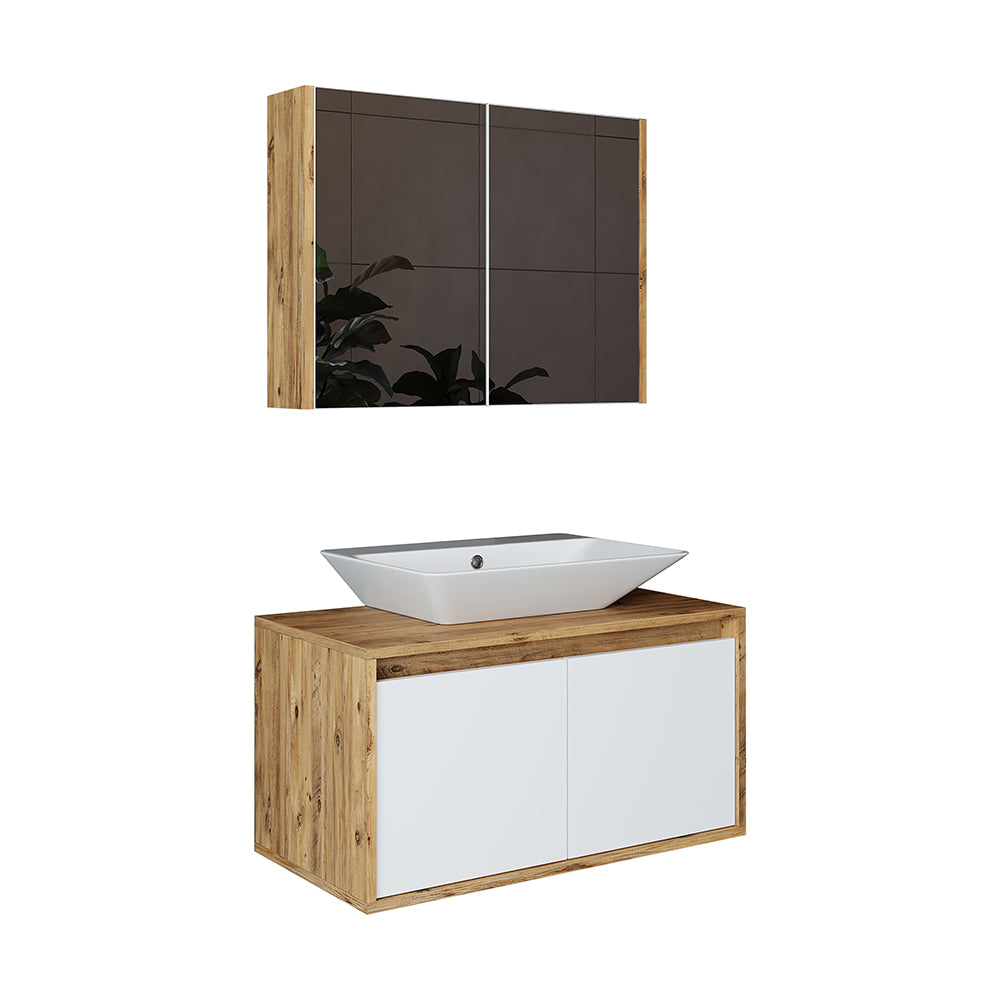Roomart • Badmöbel Set • ATLANTIC • 3 Teilig • 85 cm Unterschrank mit Keramikwaschbecken • Spiegelschrank
