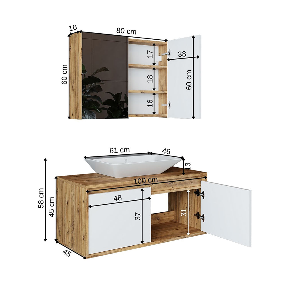 Roomart • Badmöbel Set • ATLANTIC • 3 Teilig • 100 cm Unterschrank mit Keramikwaschbecken • 80 cm Spiegelschrank