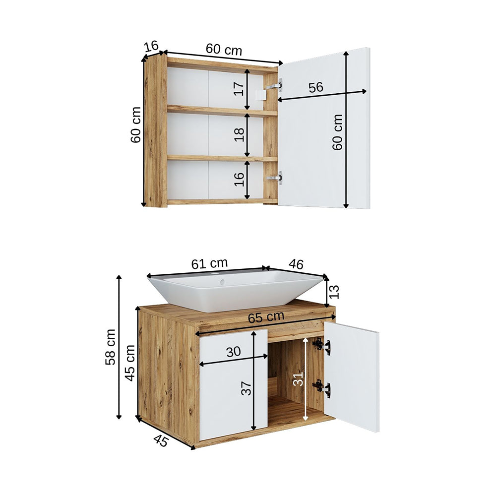Roomart Badmöbel Set ATLANTIC 3 Teilig 65 cm Unterschrank mit Keramikwaschbecken • Spiegelschrank
