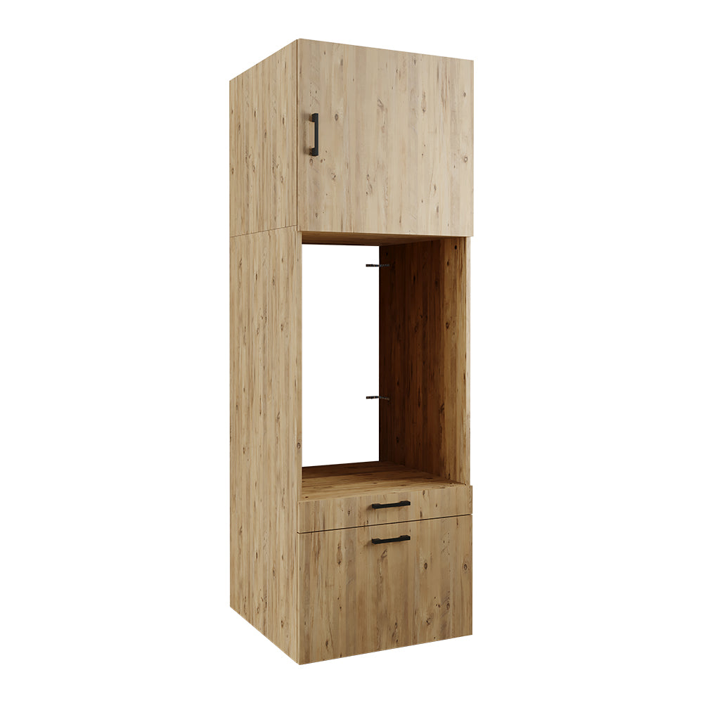 Roomart Waschmaschinenschrank mit Schrankaufsatz 62cm • HBT: 205x67x66,8 cm • Schublade & Ausziehbrett • Weiß • Schwarz eiche