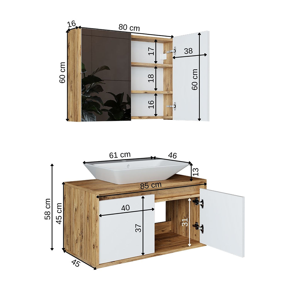 Roomart • Badmöbel Set • ATLANTIC • 3 Teilig • 85 cm Unterschrank mit Keramikwaschbecken • Spiegelschrank
