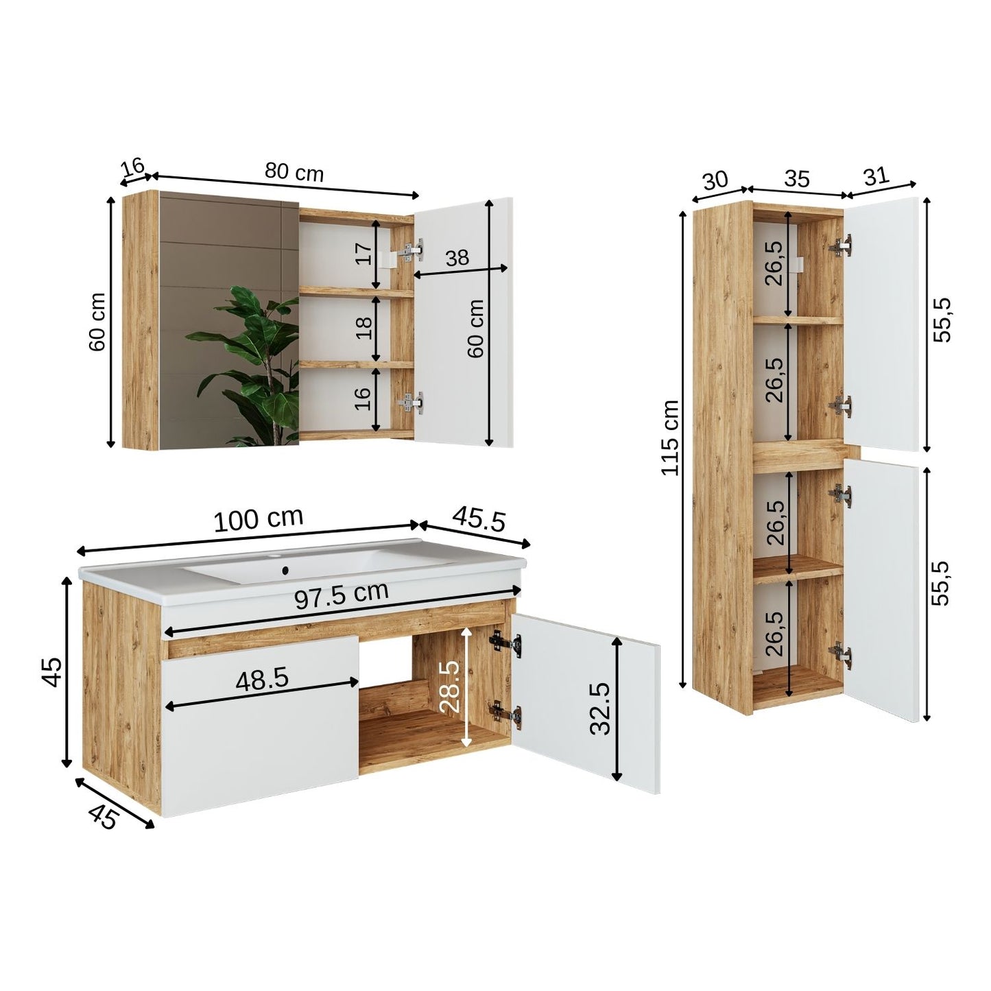 Roomart Badmöbel Set ATRIA In 4 Farben 100 cm Unterschrank mit Keramikwaschbecken Spiegelschrank Hochschrank