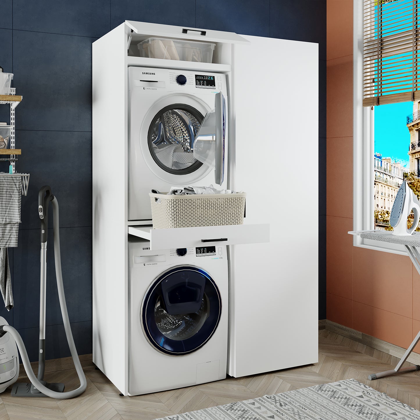 Sèche-linge mural Roomart sur lave-linge • 127 cm de large • Blanc • Chêne noir