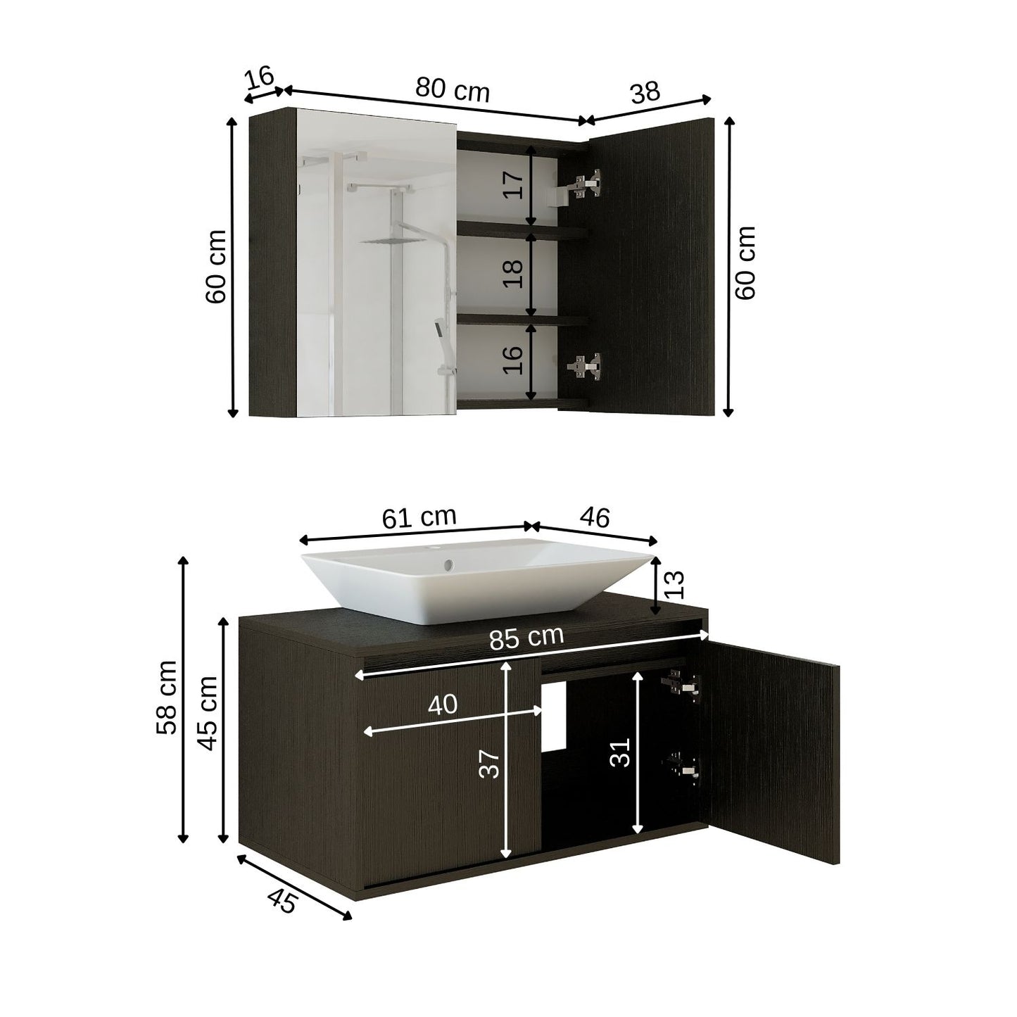 Roomart • Badmöbel Set • ATLANTIC • 3 Teilig • 85 cm Unterschrank mit Keramikwaschbecken • Spiegelschrank