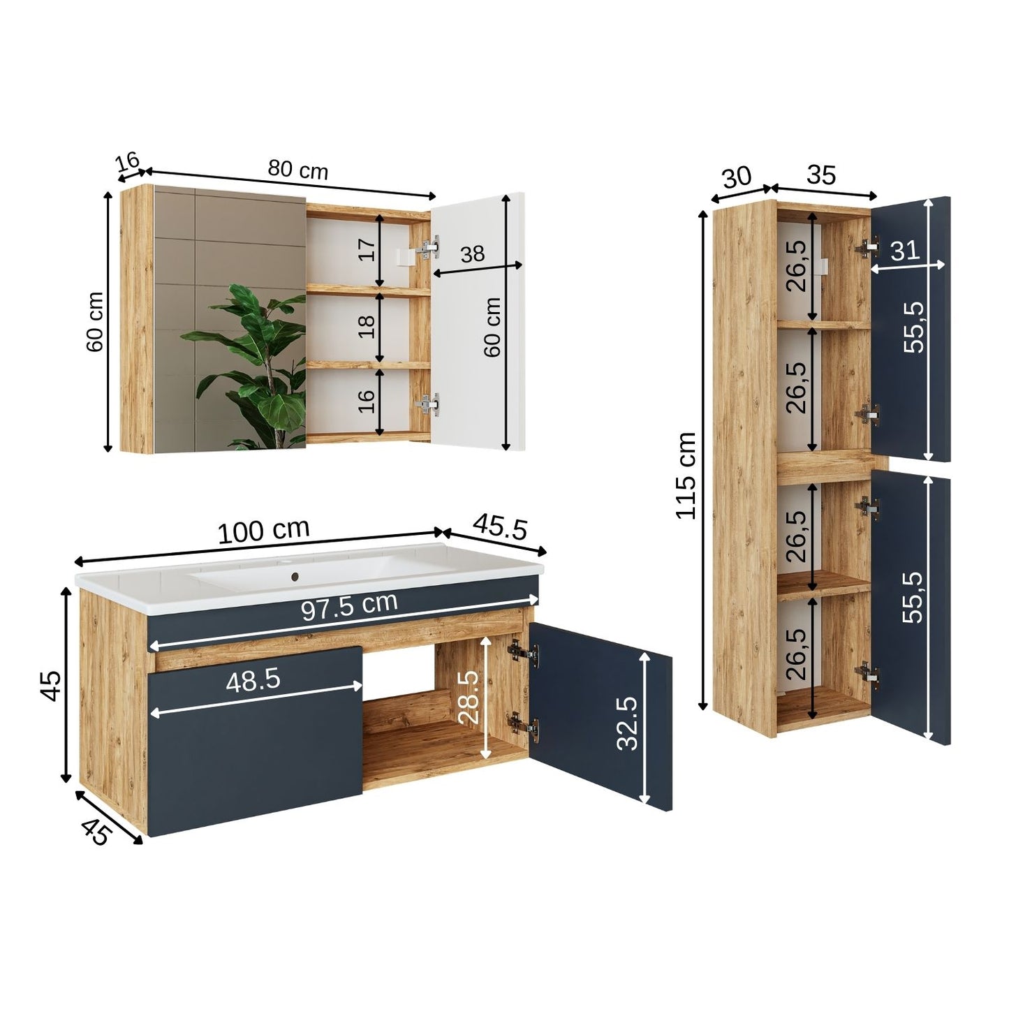 Roomart Badmöbel Set ATRIA In 4 Farben 100 cm Unterschrank mit Keramikwaschbecken Spiegelschrank Hochschrank