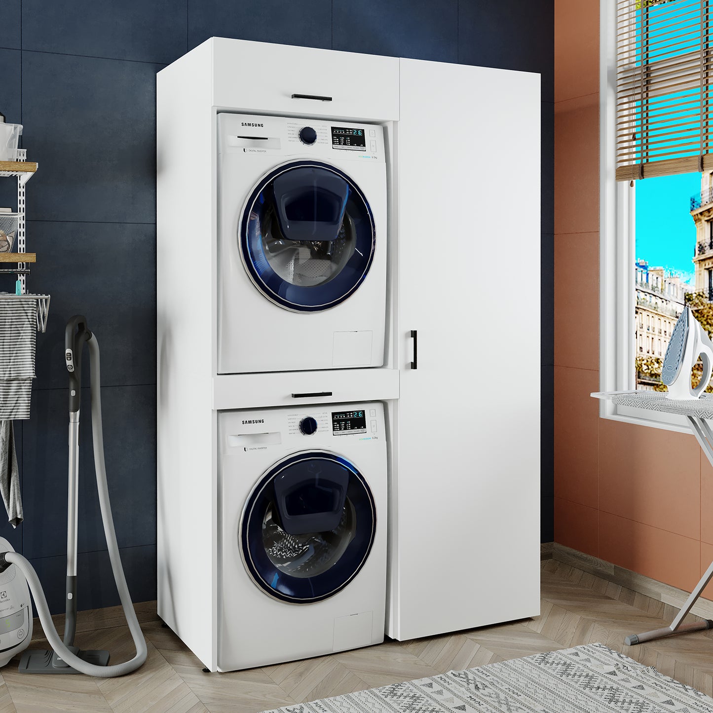 Sèche-linge mural Roomart sur lave-linge • 127 cm de large • Blanc • Chêne noir