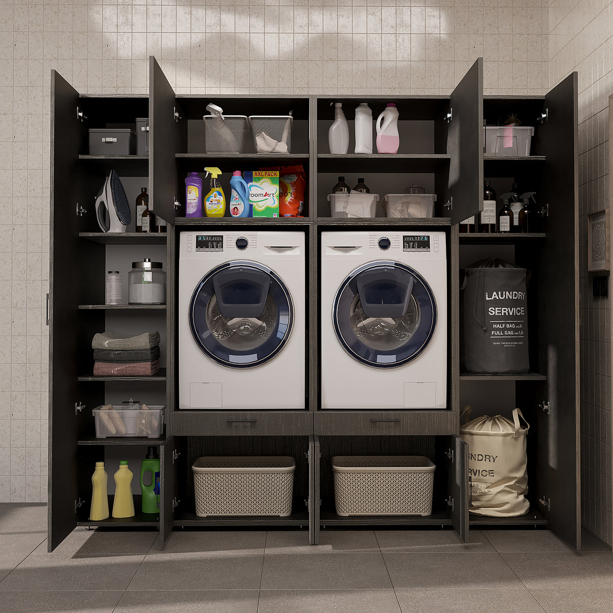 Roomart Waschmaschinenschrank SERIE 3 224 cm, Schwarz-Eiche, 205 cm hoch