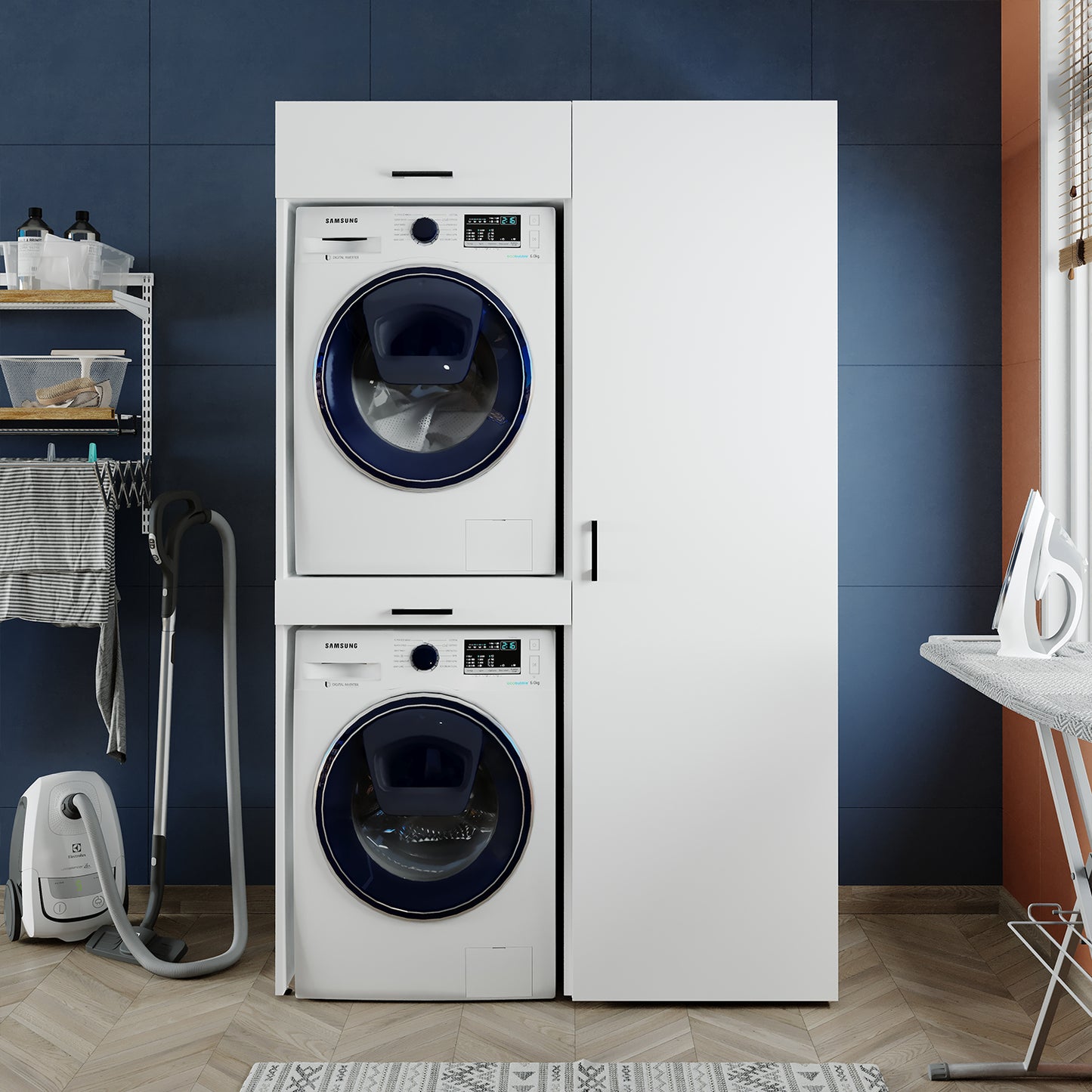 Sèche-linge mural Roomart sur lave-linge • 127 cm de large • Blanc • Chêne noir