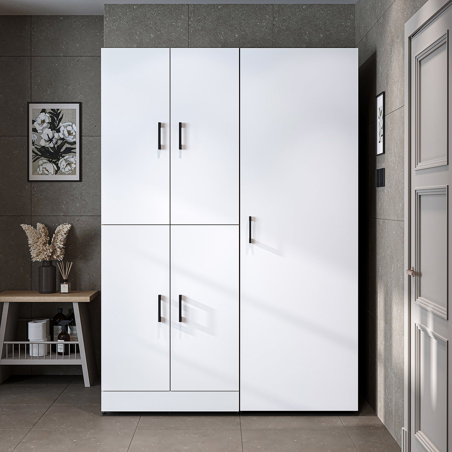 Roomart Waschmaschinenschrank " DORA SET" für Trockner & Waschmaschine, 130 cm breit, in 4 Farben, mit Türen & Ausziehbrett • Weiß • Weiß Eiche • Anthrazit Eiche • Eiche - waschmaschinenschrank, waschmaschinenregal, waschturm, schrank, weiß, waschmaschine