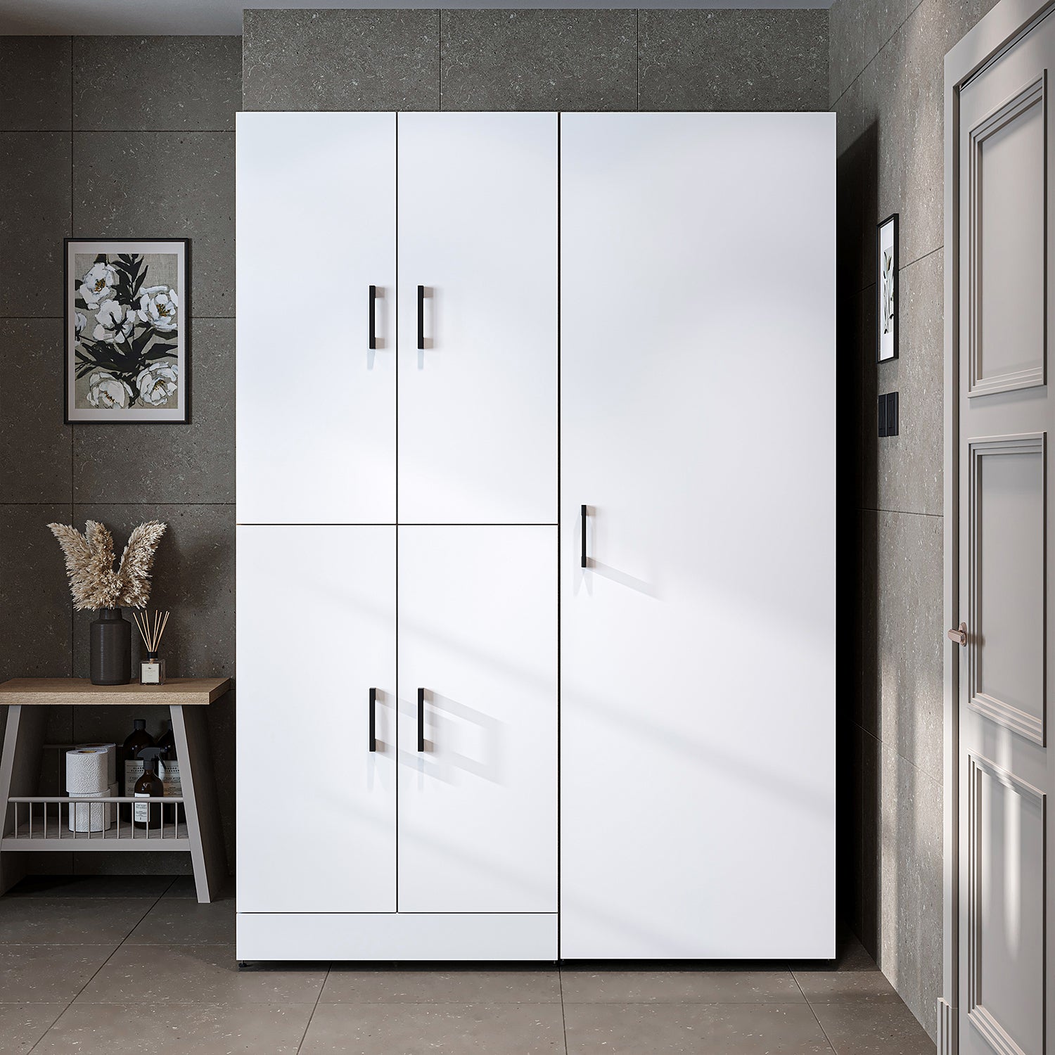 Roomart washing machine cabinet " DORA SET" for dryer & washing machine, 130 cm wide, in 4 colors, with doors & pull-out shelf - white - white oak - anthracite oak - oak - washing machine cabinet, washing machine shelf, washing tower, cabinet, white, washing machine