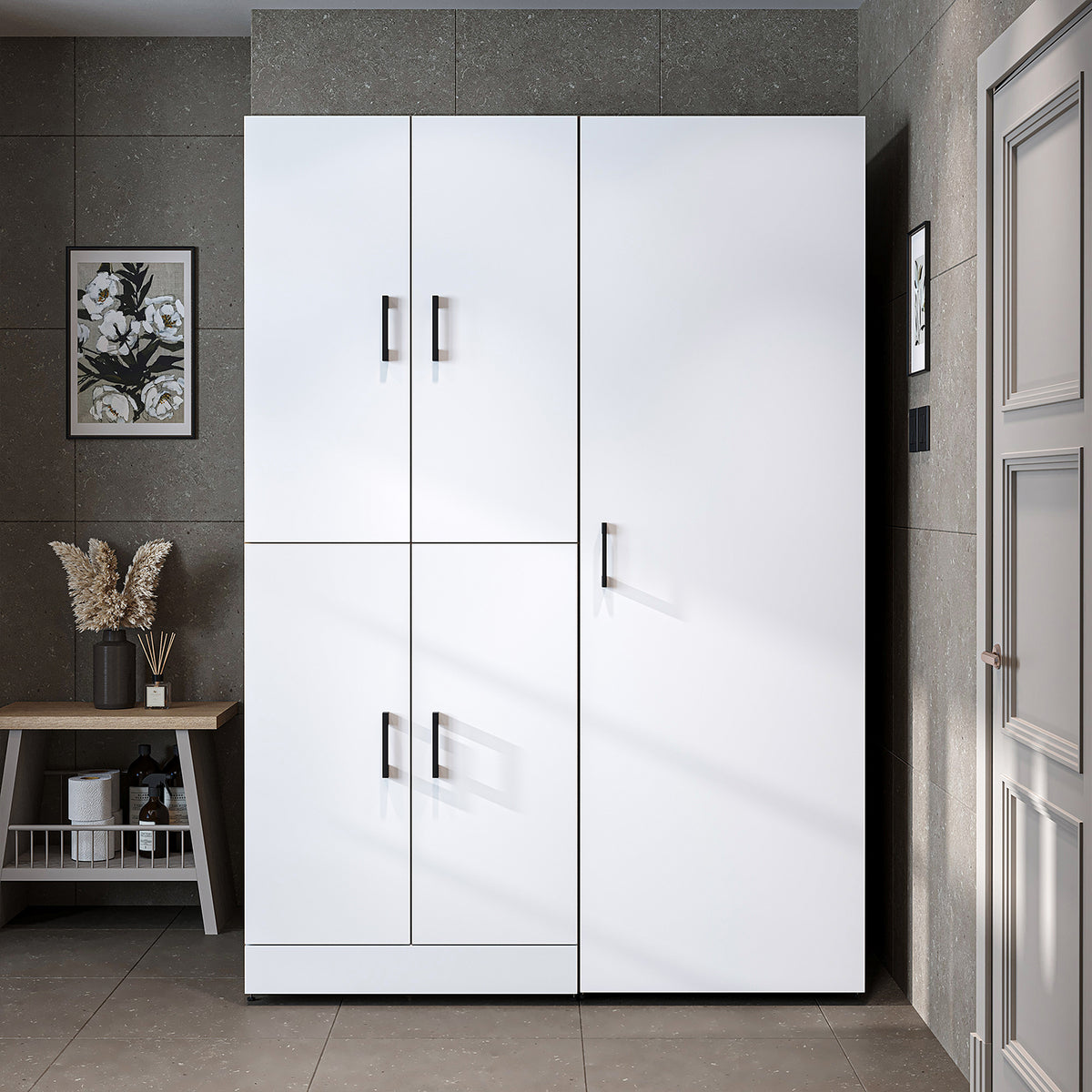 Armadio per lavatrice "DORA SET" per asciugatrice e lavatrice, larghezza 130 cm, in 4 colori, con ante e ripiano estraibile - bianco - rovere bianco - rovere antracite - rovere - armadio per lavatrice, scaffale per lavatrice, torre per lavatrice, armadio, bianco, lavatrice