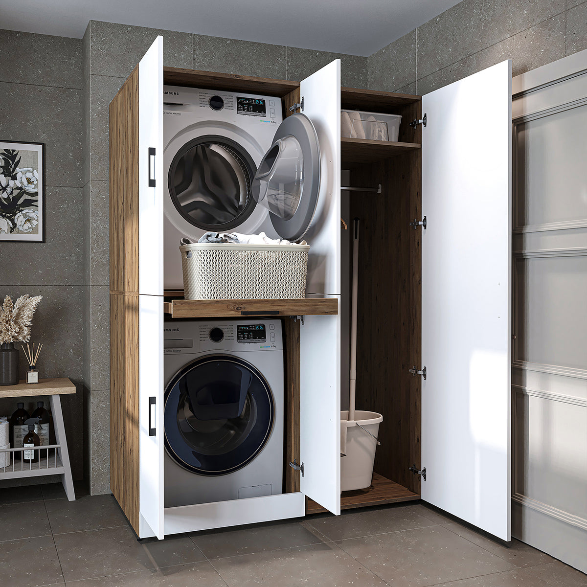 Armadio per lavatrice "DORA SET" per asciugatrice e lavatrice, larghezza 130 cm, in 4 colori, con ante e ripiano estraibile - bianco - rovere bianco - rovere antracite - rovere - armadio per lavatrice, scaffale per lavatrice, torre per lavatrice, armadio, bianco, lavatrice