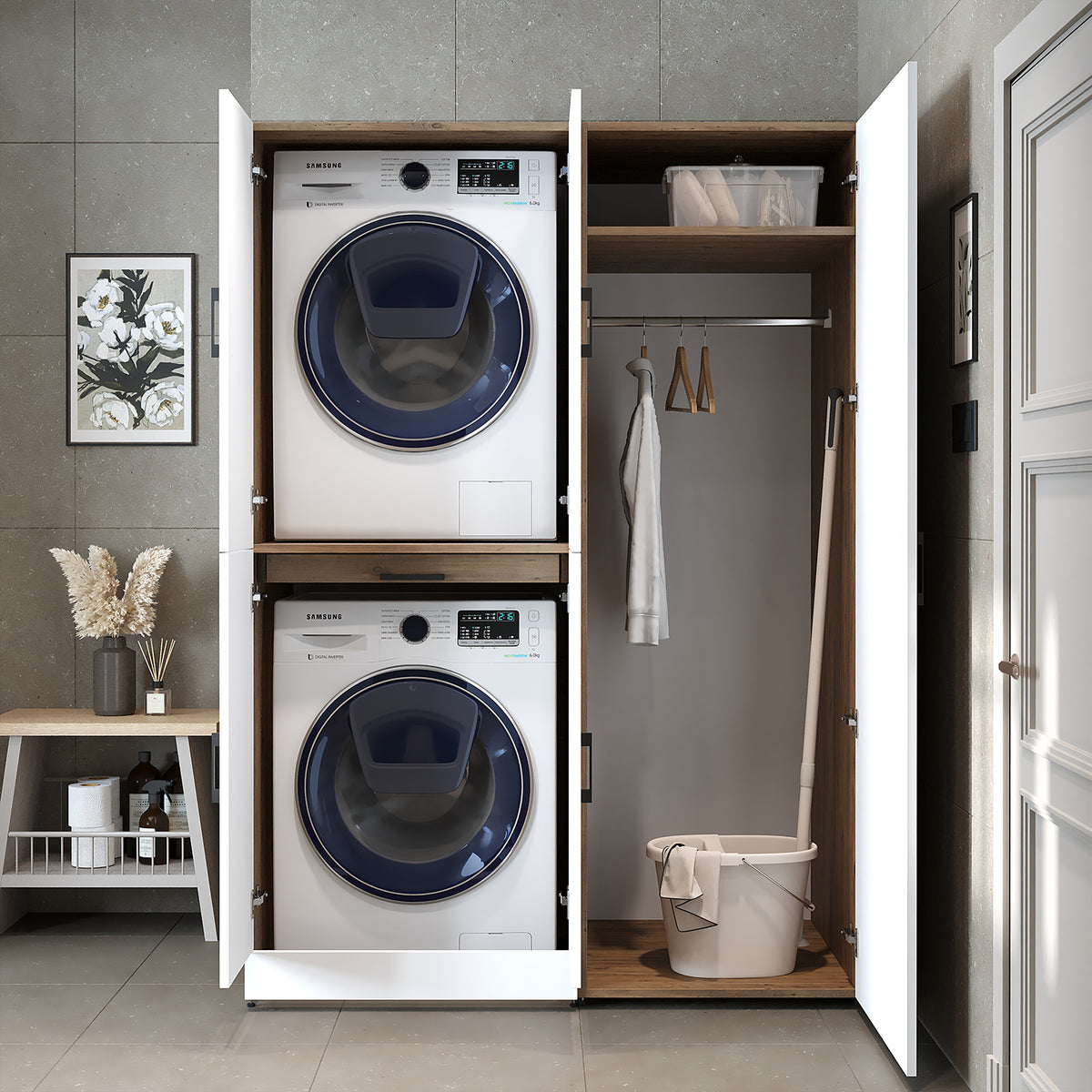 Armadio per lavatrice "DORA SET" per asciugatrice e lavatrice, larghezza 130 cm, in 4 colori, con ante e ripiano estraibile - bianco - rovere bianco - rovere antracite - rovere - armadio per lavatrice, scaffale per lavatrice, torre per lavatrice, armadio, bianco, lavatrice