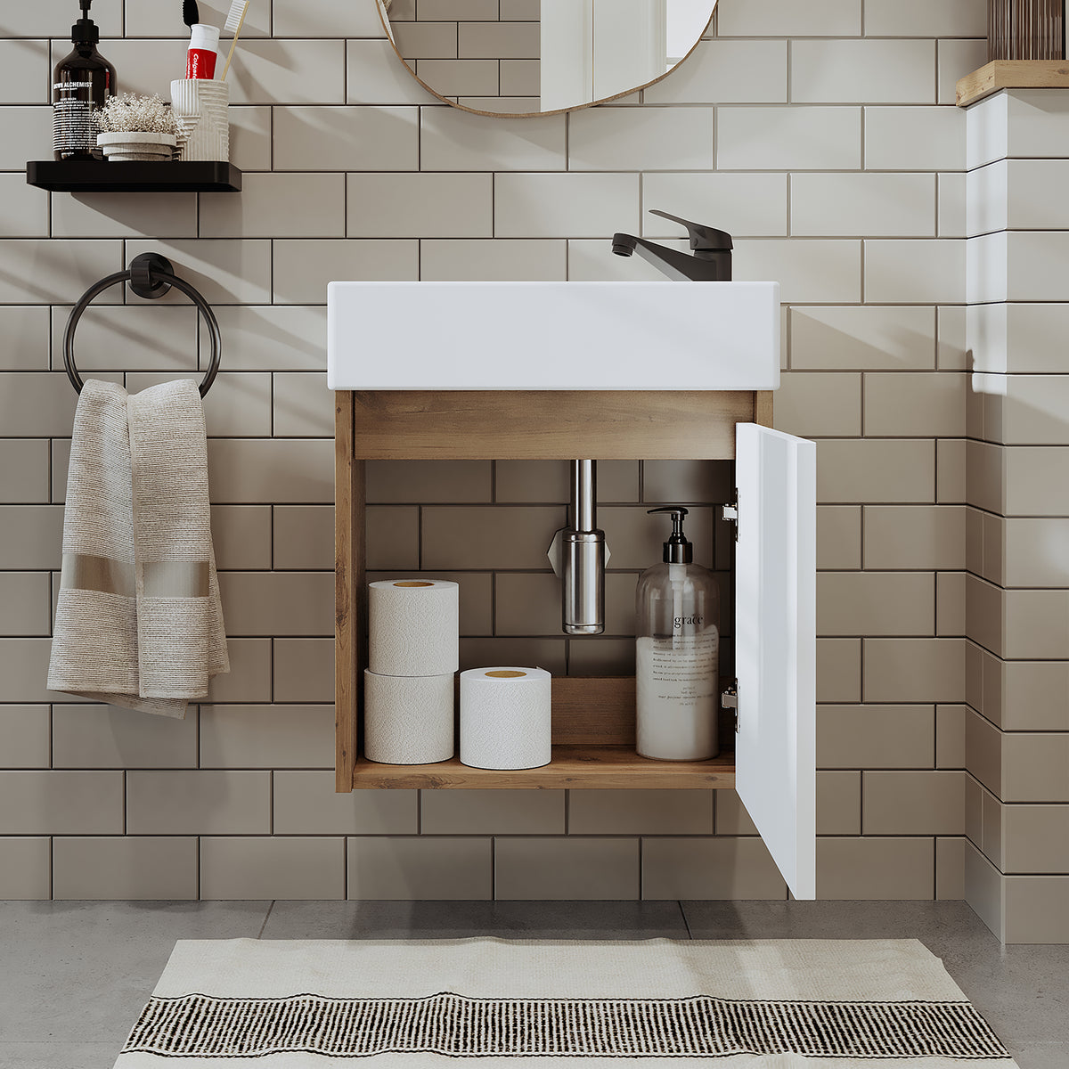 Roomart, mobile da bagno MINI con lavabo 50cm per WC ospiti in 5 colori - e, mobile a specchio, economico, set, mobili, senza, sifone, ceramica, set mobili bagno, set mobili bagno, stile casa di campagna, lavabo, lavabo, mobile bagno, lavabo da appoggio