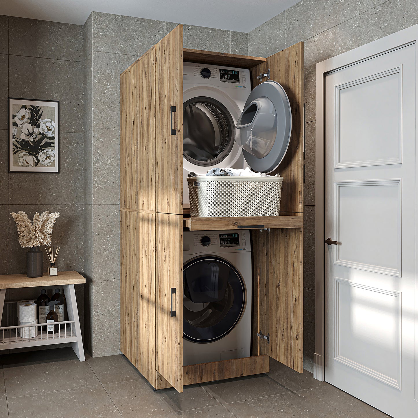 Roomart Waschmaschinenschrank " DORA " für Trockner & Waschmaschine, in 4 Farben, mit Türen & Ausziehbrett • Weiß • Weiß Eiche • Anthrazit Eiche • Eiche - waschmaschinenschrank, waschmaschinenregal, waschturm, schrank, weiß, waschmaschinen, unterschrank,