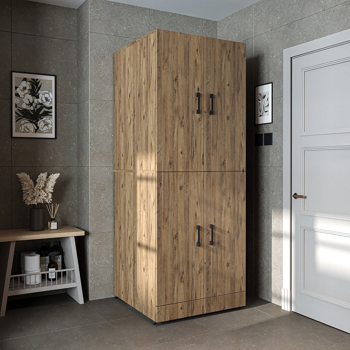 Roomart Waschmaschinenschrank " DORA " für Trockner & Waschmaschine, in 4 Farben, mit Türen & Ausziehbrett • Weiß • Weiß Eiche • Anthrazit Eiche • Eiche - waschmaschinenschrank, waschmaschinenregal, waschturm, schrank, weiß, waschmaschinen, unterschrank,