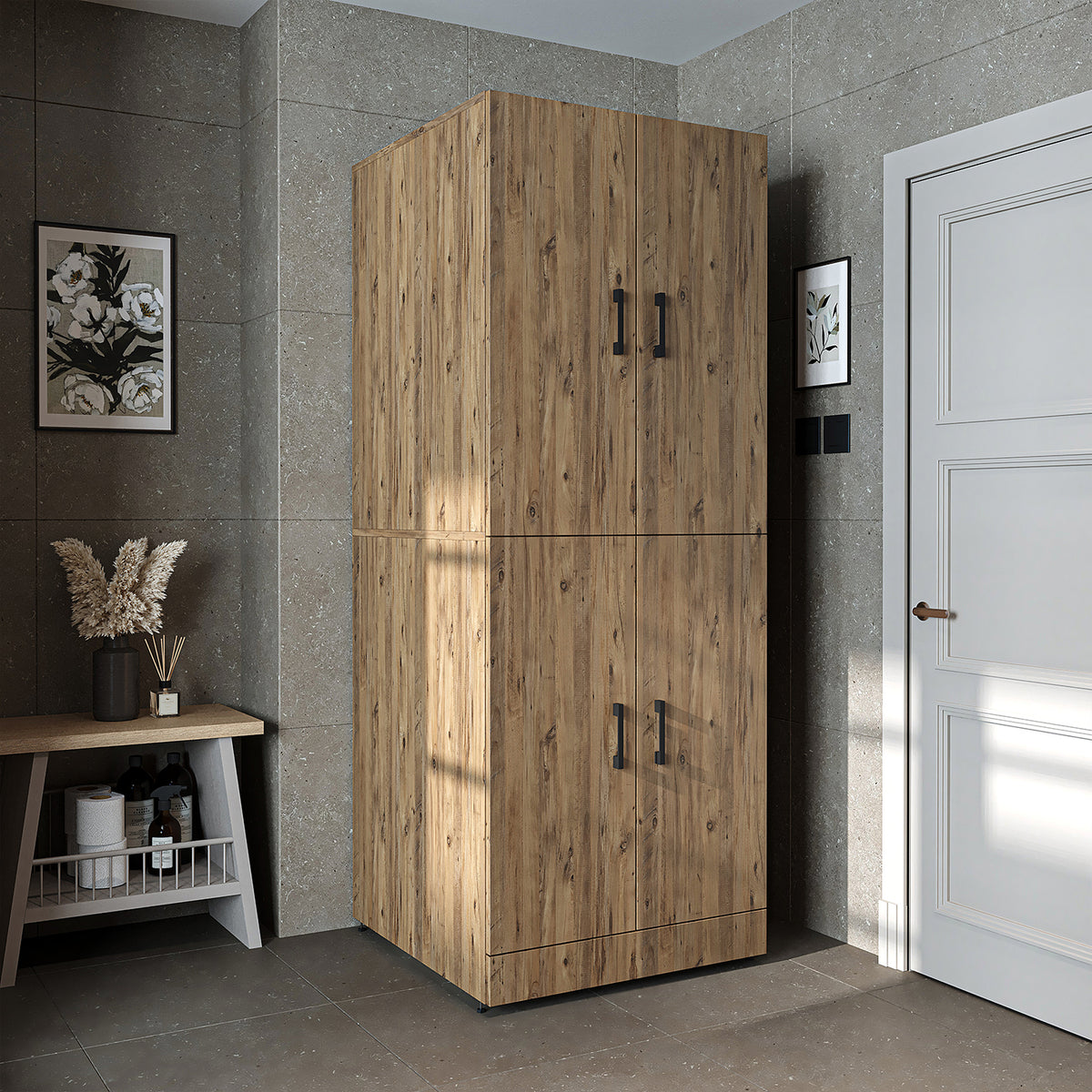 Roomart armario para lavadora " DORA " para secadora y lavadora, en 4 colores, con puertas y estante extraíble - blanco - roble blanco - roble antracita - roble - armario para lavadora, estante para lavadora, torre de lavado, armario, blanco, lavadoras, armario bajo,
