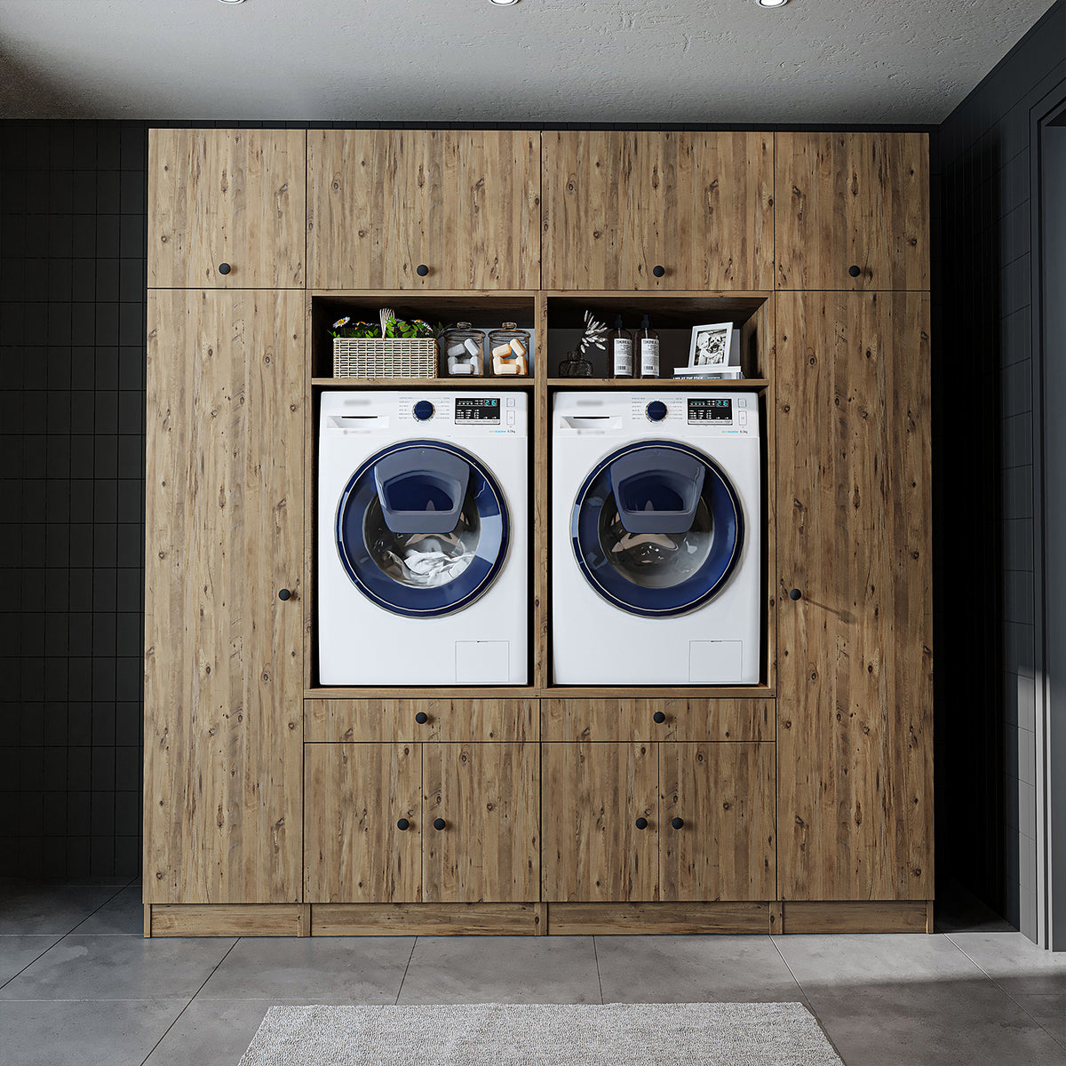 Ver detalles de Roomart Armario para lavadora y mueble alto para lavadero y cuarto de servicio - 224 cm de ancho - con práctico estante extraíble - disponible en blanco, roble o roble negro Roomart Armario para lavadora y mueble alto para lavadero y cuarto de servicio - 224 cm de ancho - con práctico estante extraíble - disponible en blanco, roble o roble negro