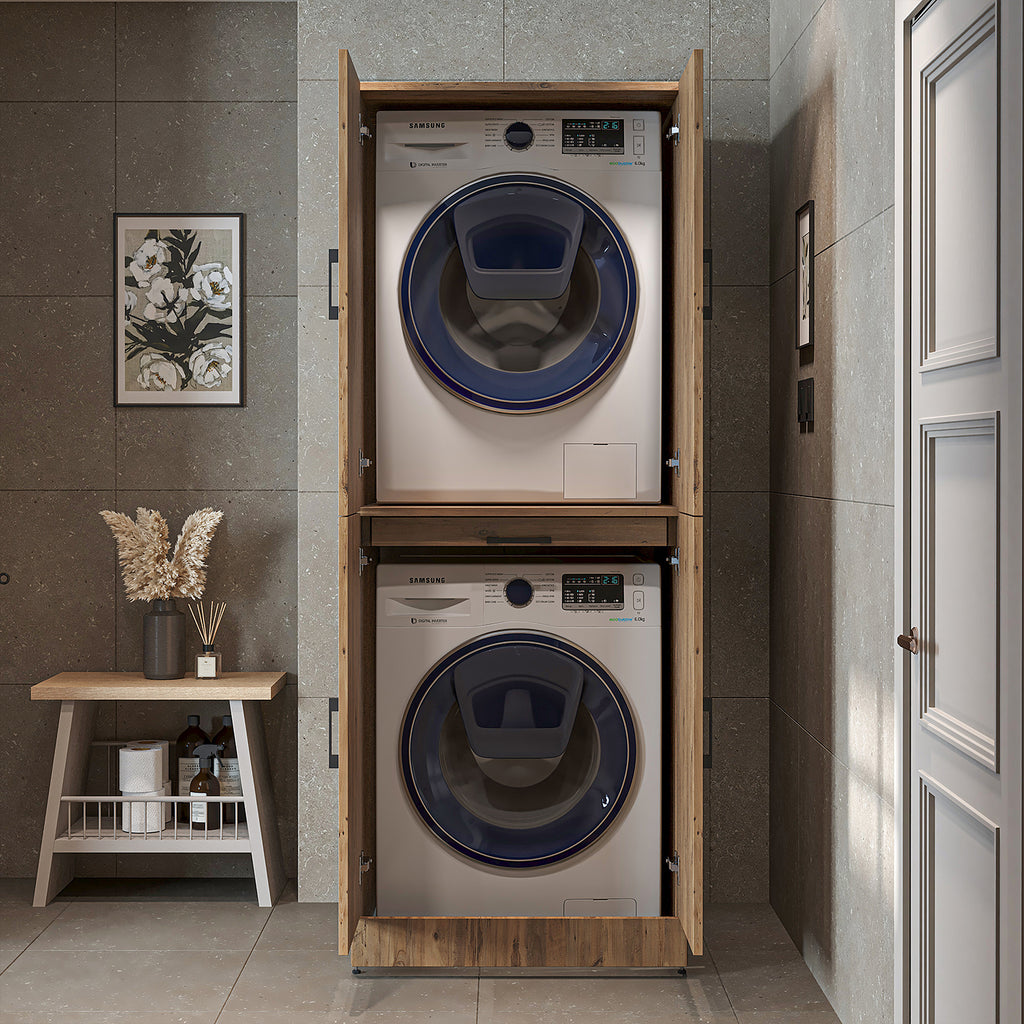 Roomart washing machine cabinet " DORA " for dryer & washing machine, in 4 colors, with doors & pull-out shelf - white - white oak - anthracite oak - oak - washing machine cabinet, washing machine shelf, washing tower, cabinet, white, washing machines, base cabinet,
