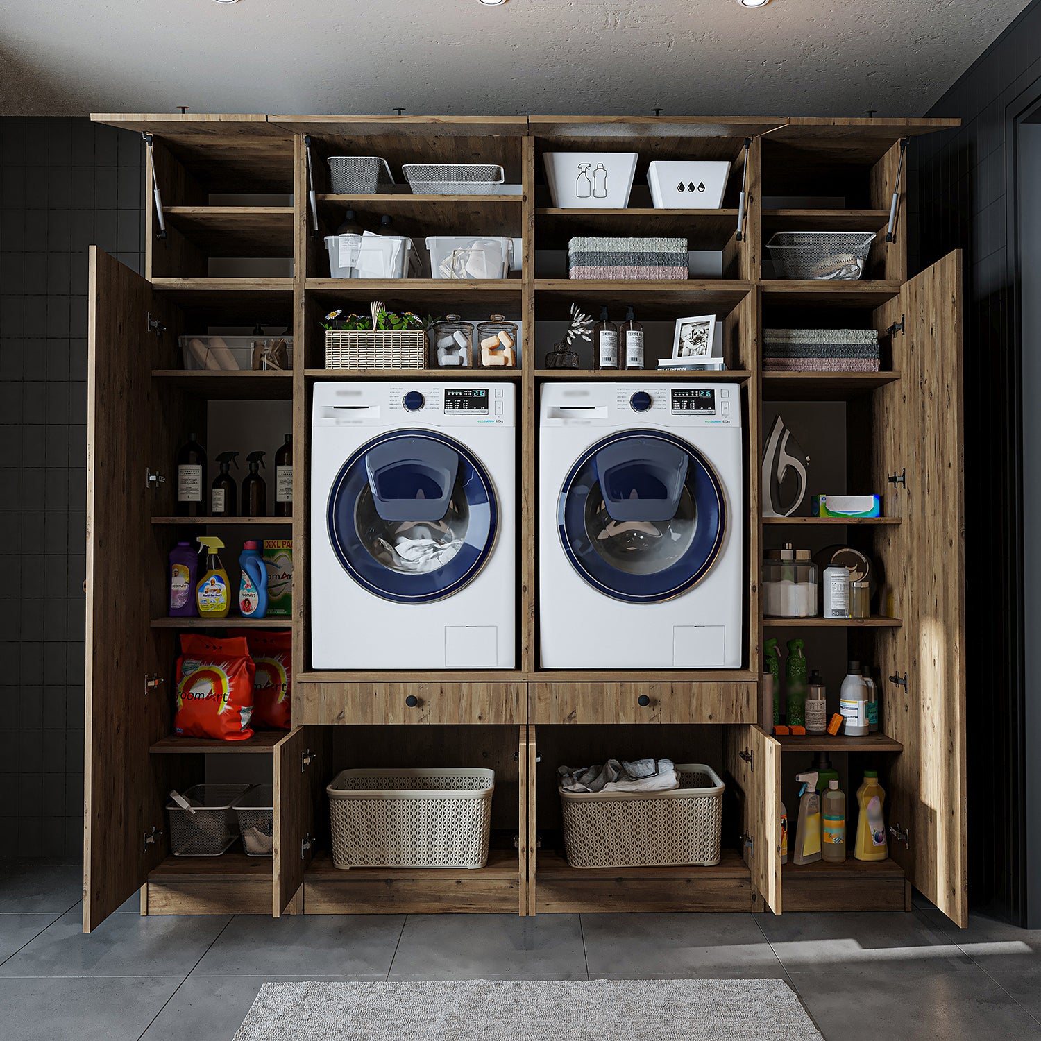 View details for Roomart Washing machine cabinet & wall unit for laundry room and utility room - 224 cm wide - with practical pull-out shelf - available in white, oak or black oak Roomart Washing machine cabinet & wall unit for laundry room and utility room - 224 cm wide - with practical pull-out shelf - available in white, oak or black oak