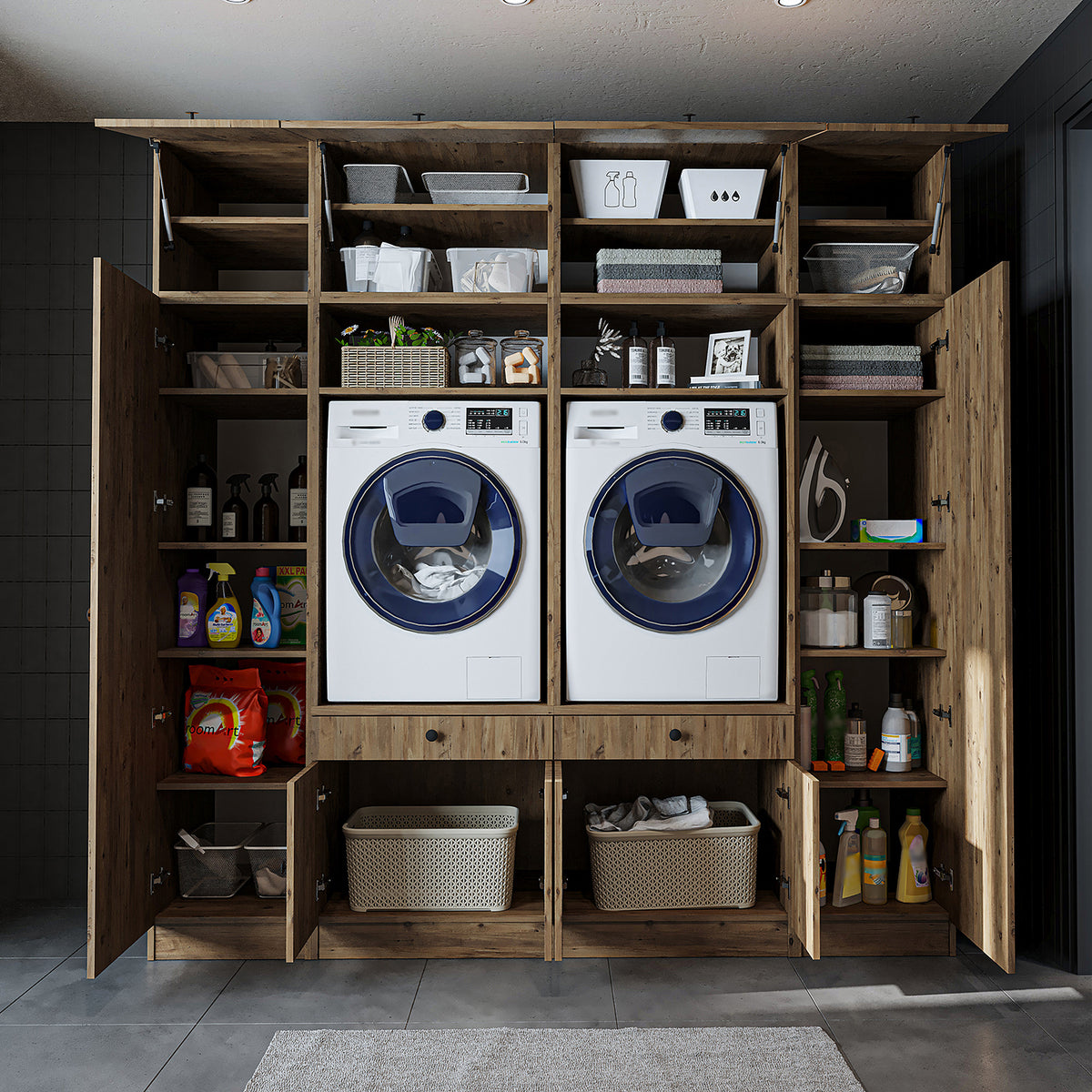 Ver detalles de Roomart Armario para lavadora y mueble alto para lavadero y cuarto de servicio - 224 cm de ancho - con práctico estante extraíble - disponible en blanco, roble o roble negro Roomart Armario para lavadora y mueble alto para lavadero y cuarto de servicio - 224 cm de ancho - con práctico estante extraíble - disponible en blanco, roble o roble negro