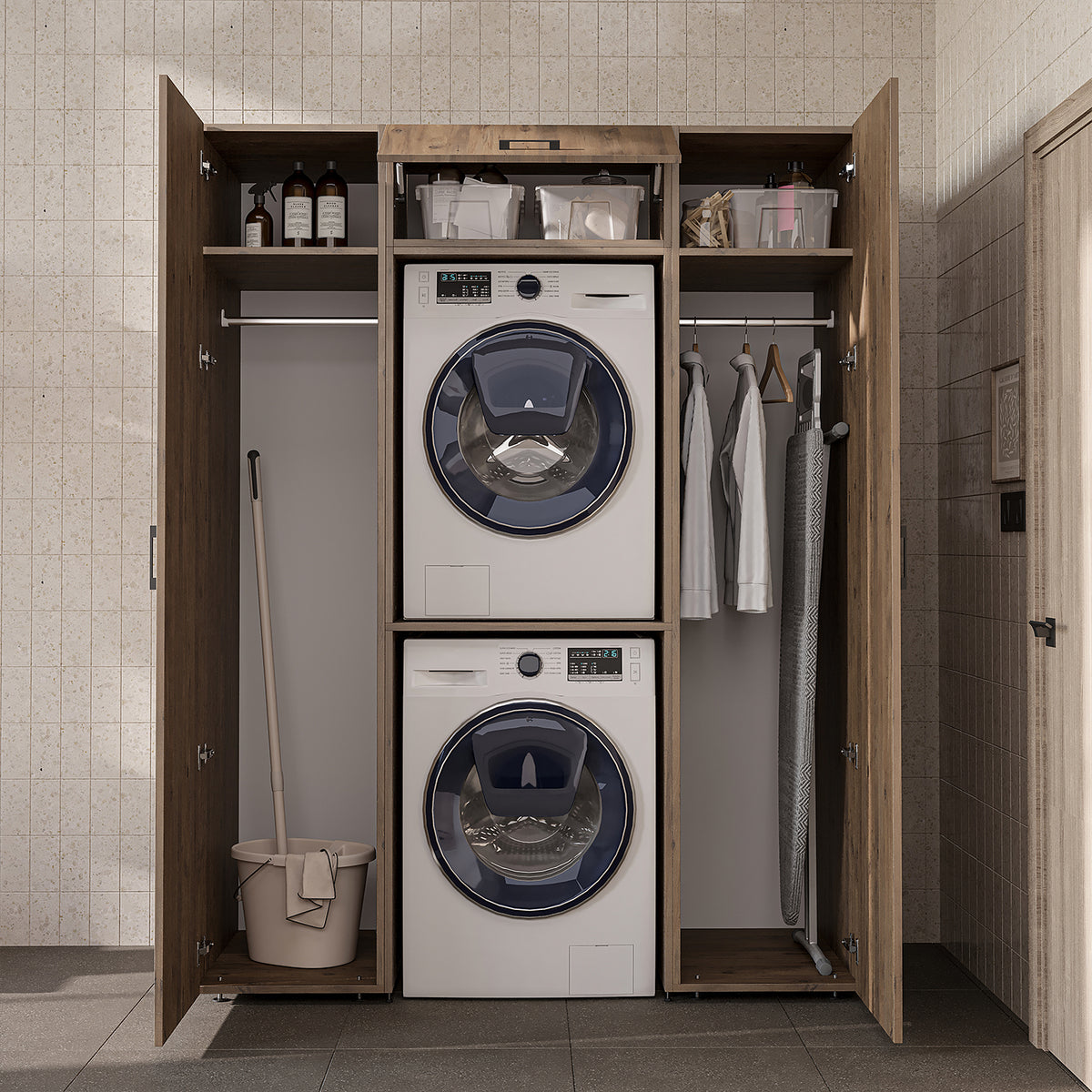 Roomart Schrankwand DUO-I, 157 cm, mit 2 Hochschränken und Oberschrank für Waschmaschine & Trockner, in 2 Farben