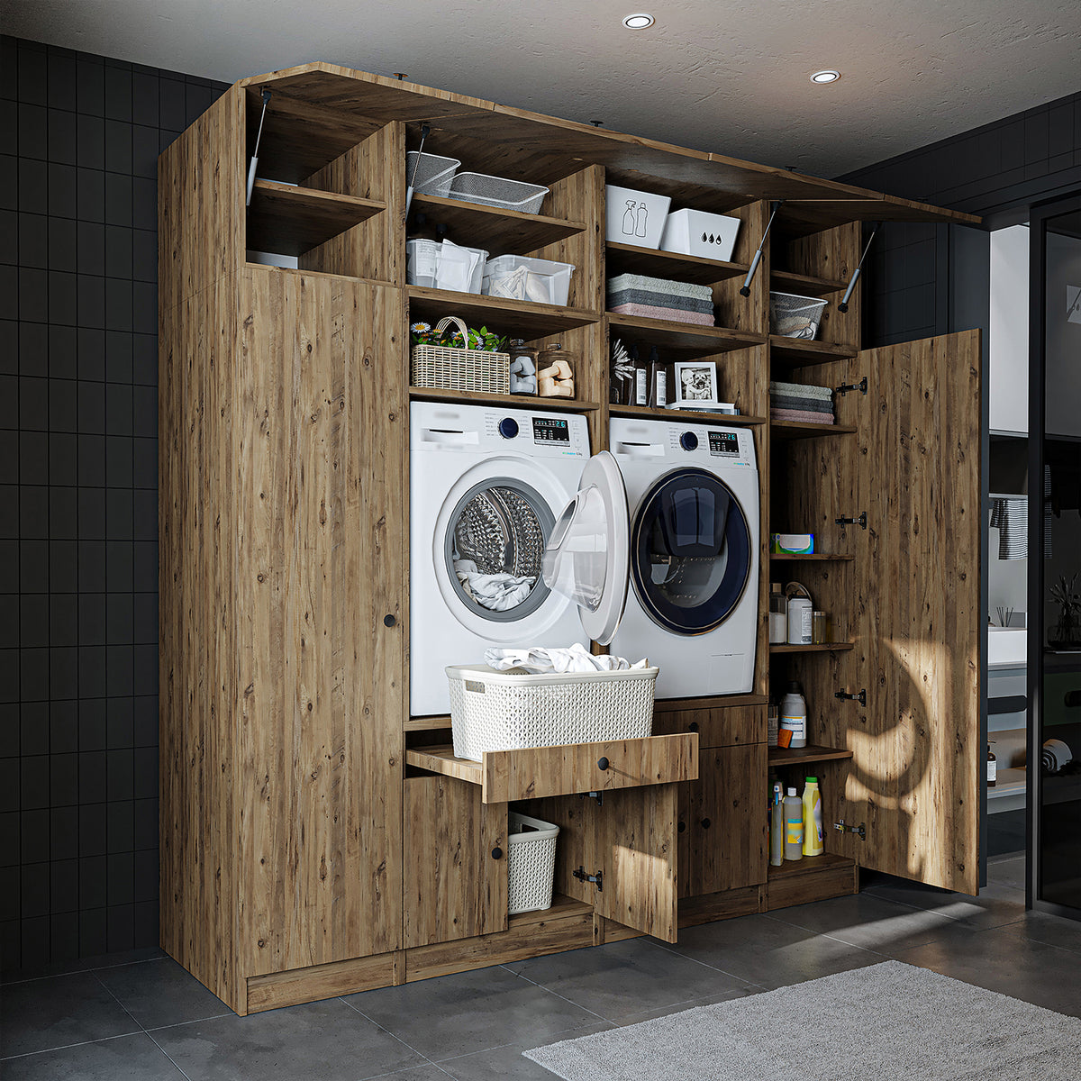 Ver detalles de Roomart Armario para lavadora y mueble alto para lavadero y cuarto de servicio - 224 cm de ancho - con práctico estante extraíble - disponible en blanco, roble o roble negro Roomart Armario para lavadora y mueble alto para lavadero y cuarto de servicio - 224 cm de ancho - con práctico estante extraíble - disponible en blanco, roble o roble negro