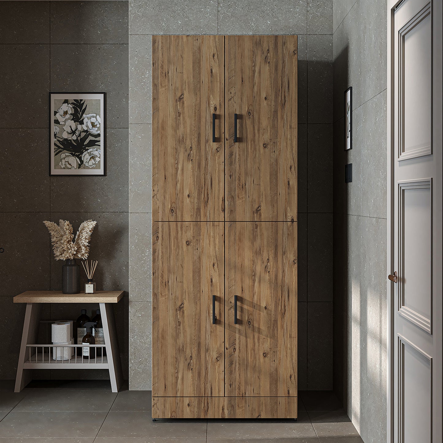 Roomart Waschmaschinenschrank " DORA " für Trockner & Waschmaschine, in 4 Farben, mit Türen & Ausziehbrett • Weiß • Weiß Eiche • Anthrazit Eiche • Eiche - waschmaschinenschrank, waschmaschinenregal, waschturm, schrank, weiß, waschmaschinen, unterschrank,