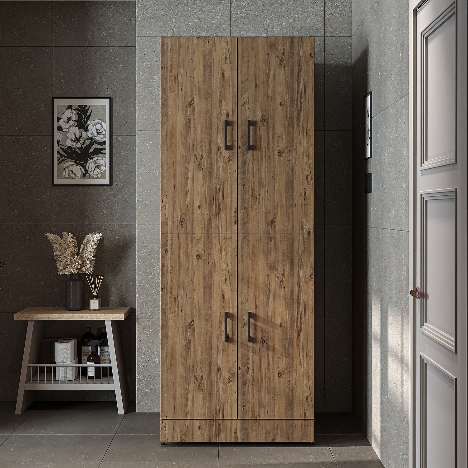 Roomart Waschmaschinenschrank " DORA " für Trockner & Waschmaschine, in 4 Farben, mit Türen & Ausziehbrett • Weiß • Weiß Eiche • Anthrazit Eiche • Eiche - waschmaschinenschrank, waschmaschinenregal, waschturm, schrank, weiß, waschmaschinen, unterschrank,