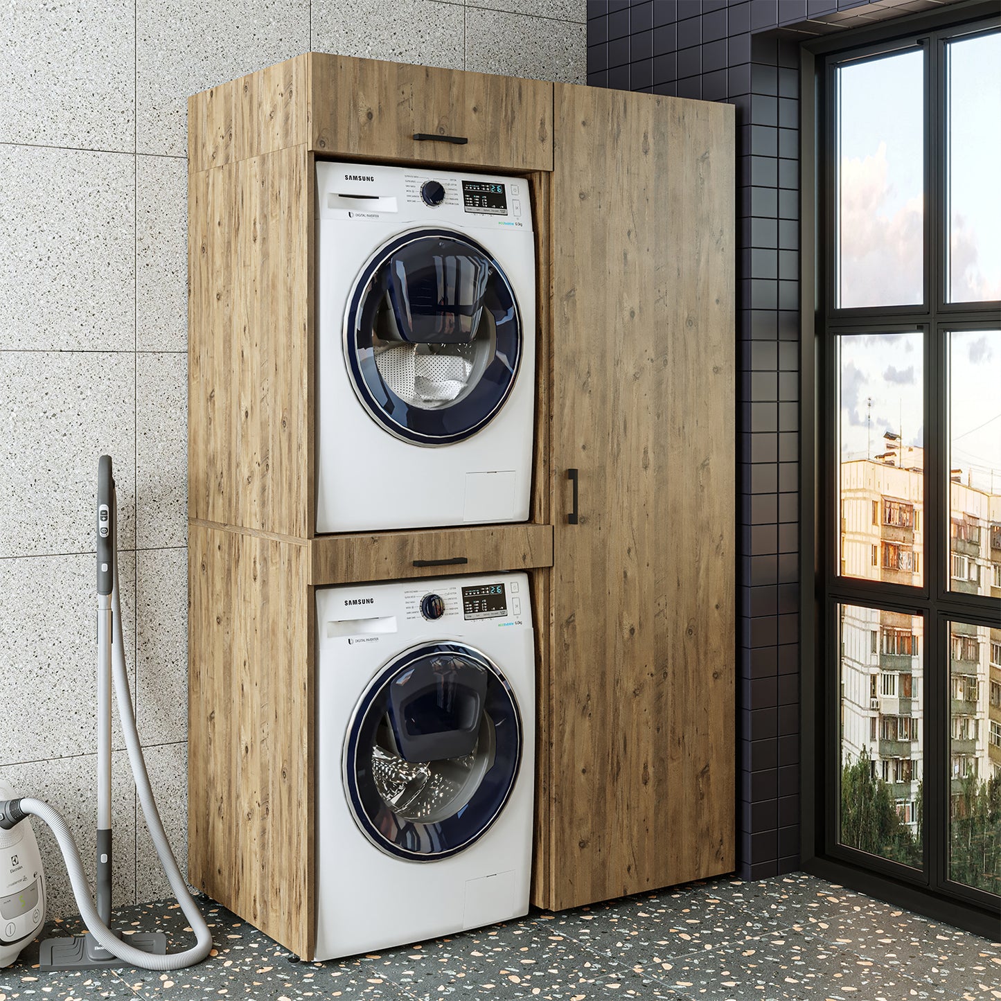 Sèche-linge mural Roomart sur lave-linge • 127 cm de large • Blanc • Chêne noir