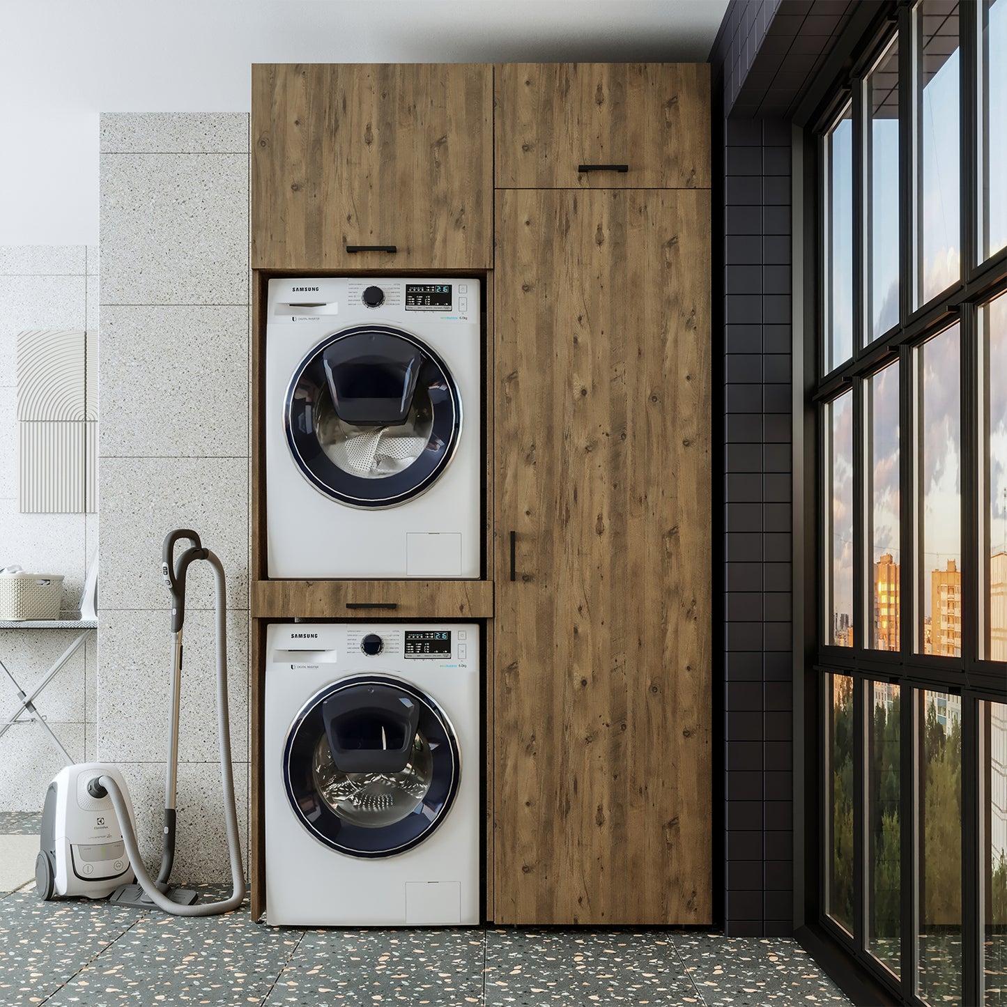 Sèche-linge mural Roomart sur lave-linge • 127 cm de large • Blanc • Chêne noir