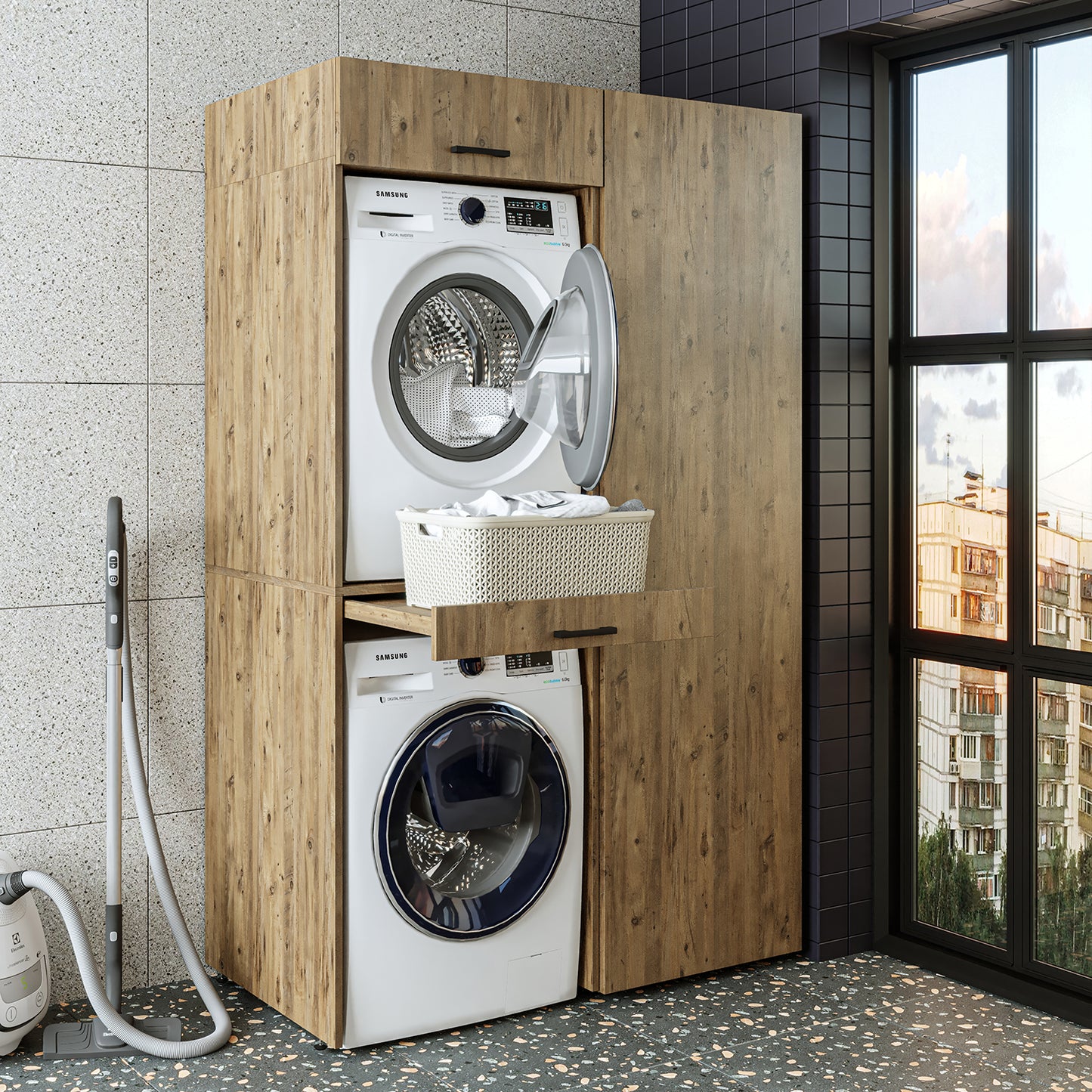 Sèche-linge mural Roomart sur lave-linge • 127 cm de large • Blanc • Chêne noir