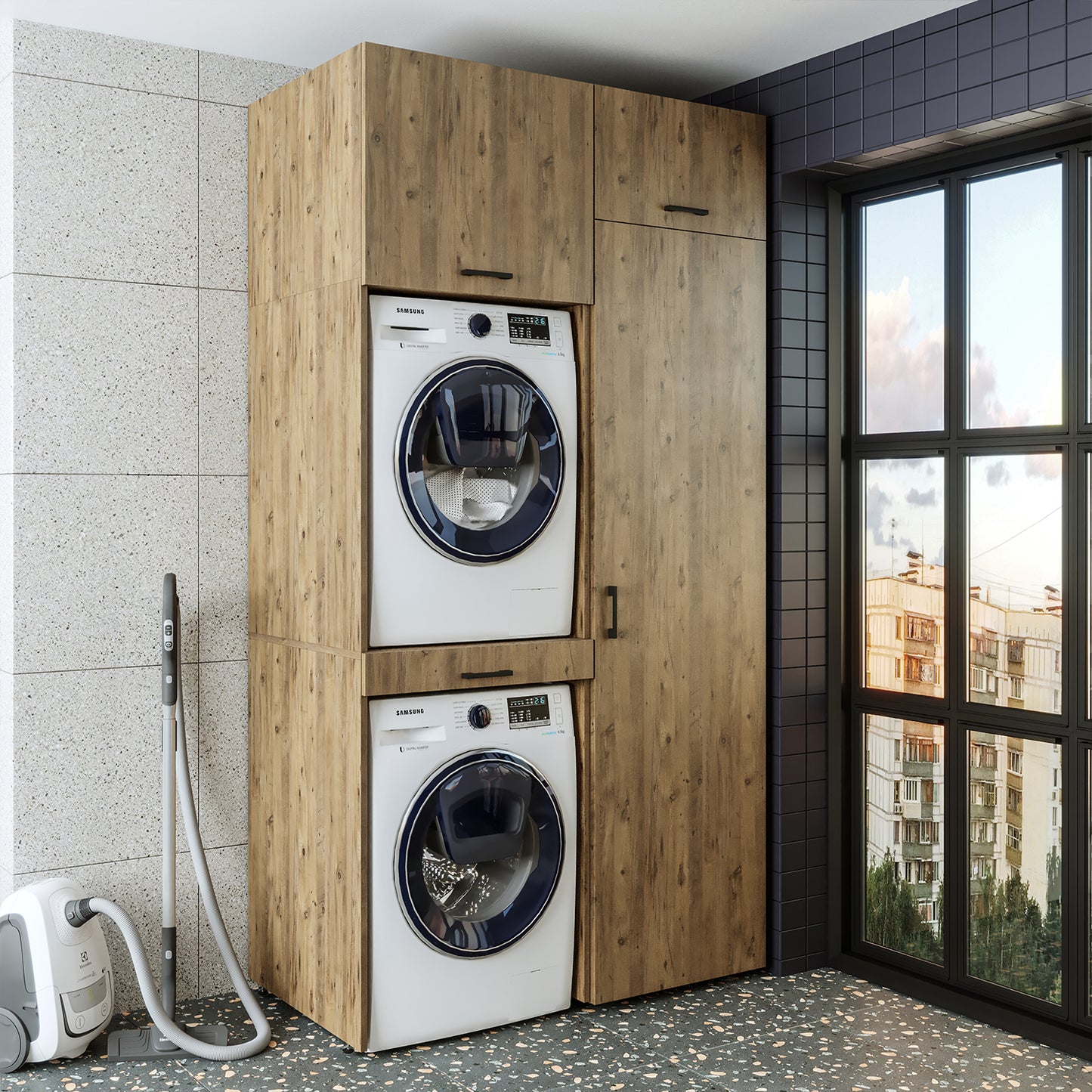 Sèche-linge mural Roomart sur lave-linge • 127 cm de large • Blanc • Chêne noir