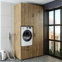 Roomart Schrankwand & Hochschrank Weiß Schwaz Eiche Badschrank Mehrzweckschrank- schrank, badezimmerschrank, waschmaschinenschrank, badschrank, badezimmermöbel, waschmaschinenregal, waschturm, hochschrank, bad, möbel, weiß, waschmaschinen, unterschrank, w