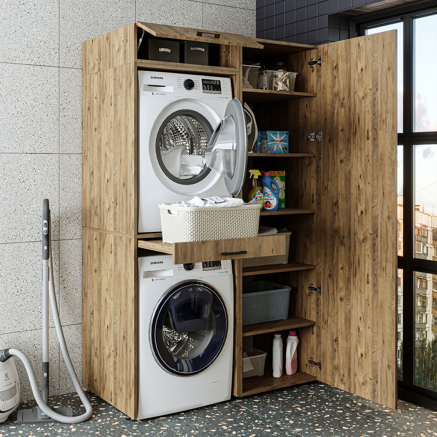 Sèche-linge mural Roomart sur lave-linge • 127 cm de large • Blanc • Chêne noir