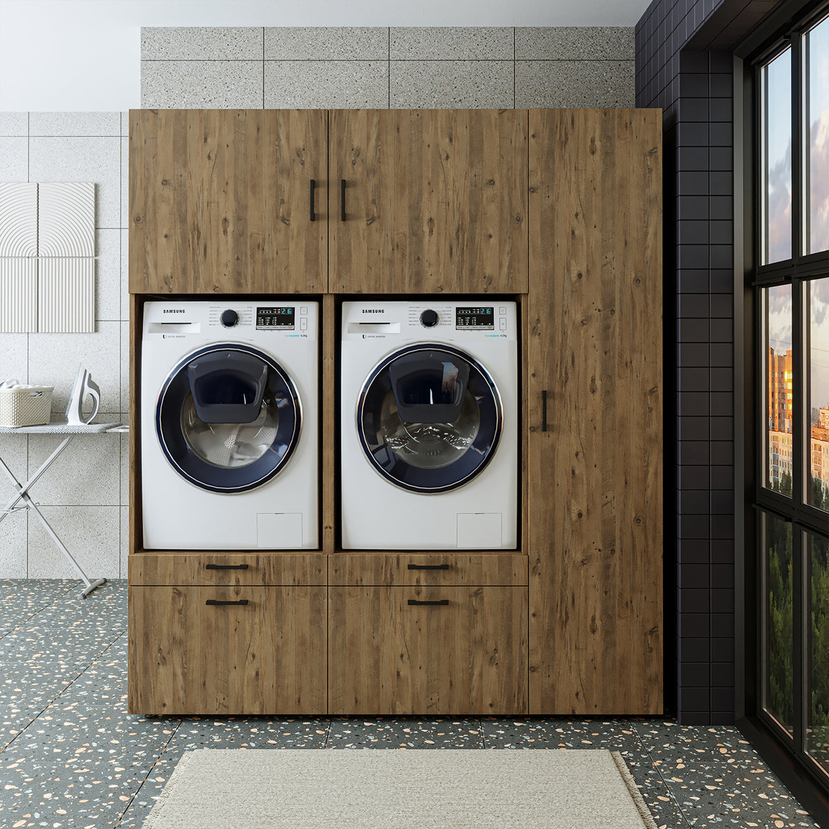 Roomart Waschmaschinenschrank SERIE 2, Überbauschrank mit Ausziehbrett und Hochschrank, in 3 Farben